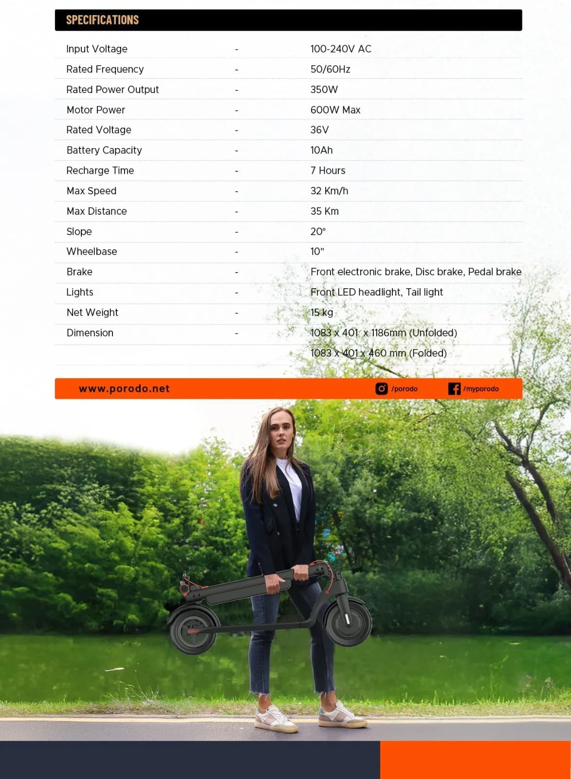 Porodo Electric Scooter Pro - 32 Km/h, Black 2