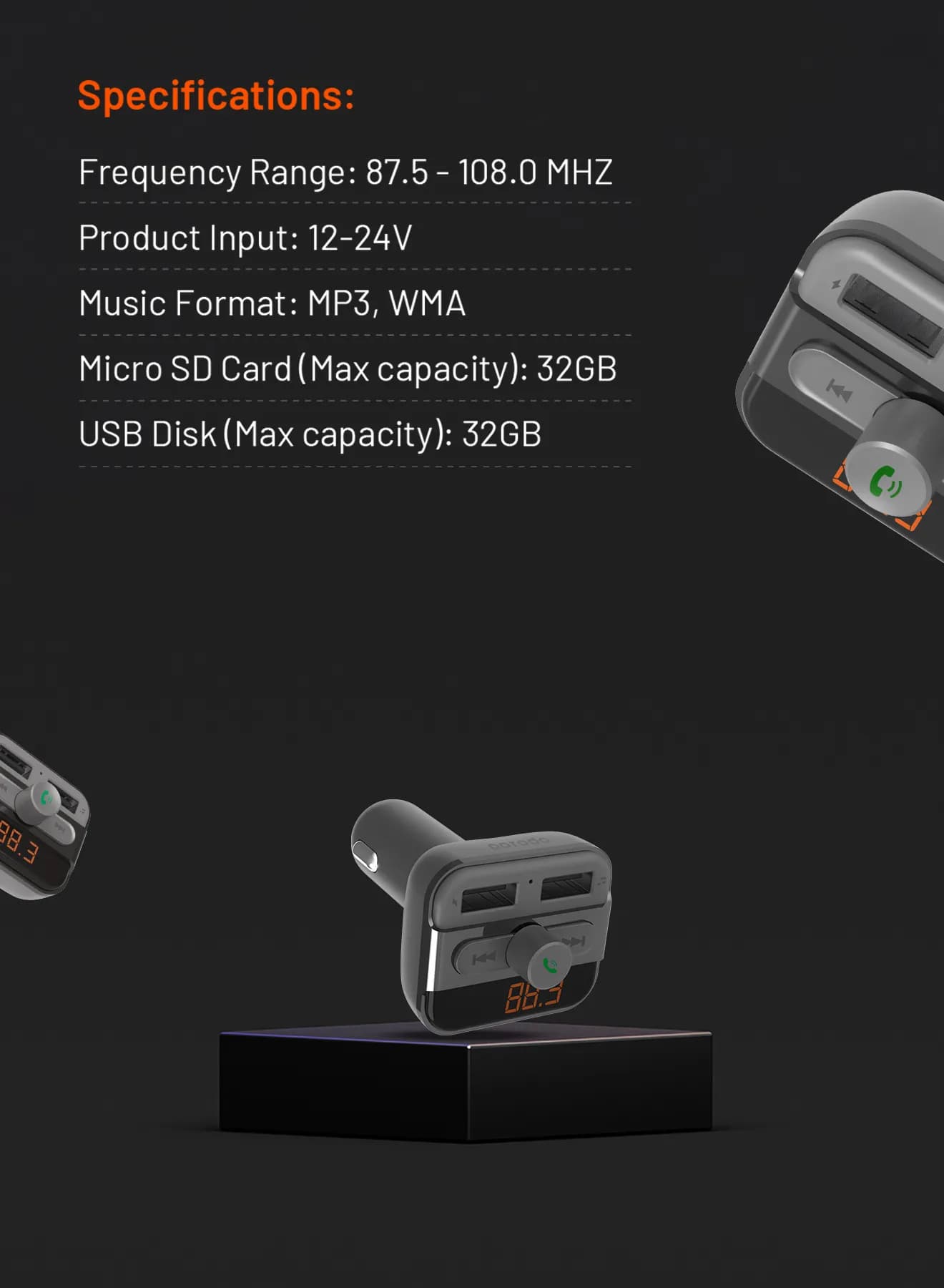 Porodo FM Transmitter and Fast Charging Car Charger 3.4A/15W 3