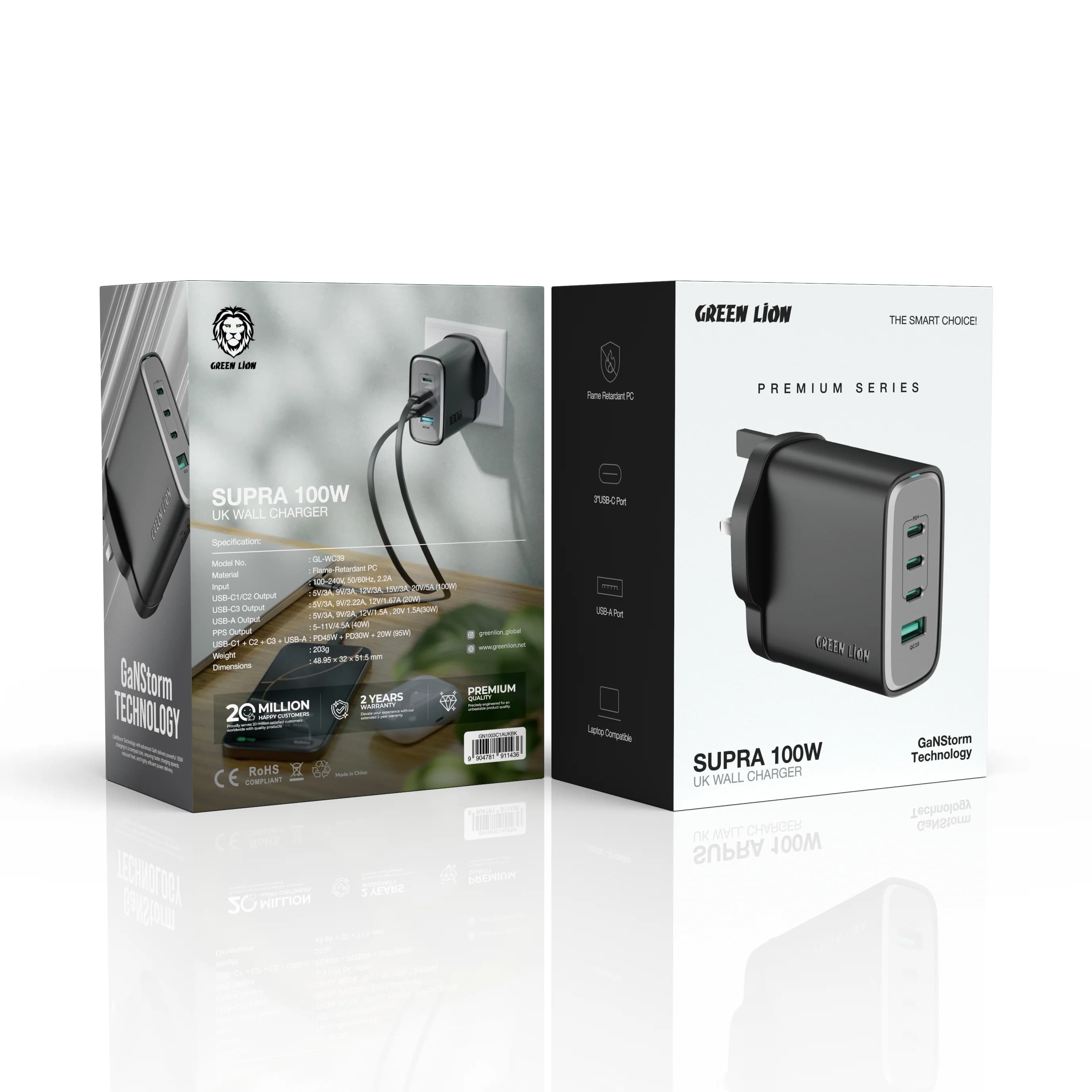 Green Lion Wall Charger GN1003C1AUKBK - 100W GaN, USB-A & 3 USB-C, Black 3