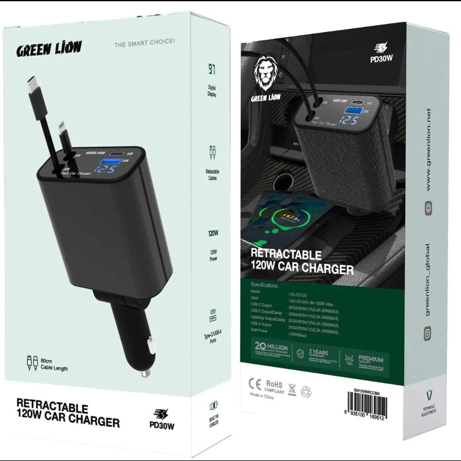Green Lion Car Charger - 120W Retractable, PD 30W, Black 3