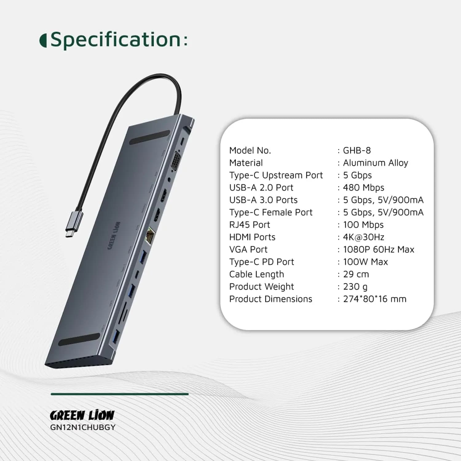Green Lion USB-C Hub - 12-in-1, 4K HDMI, Ethernet, Gray 2