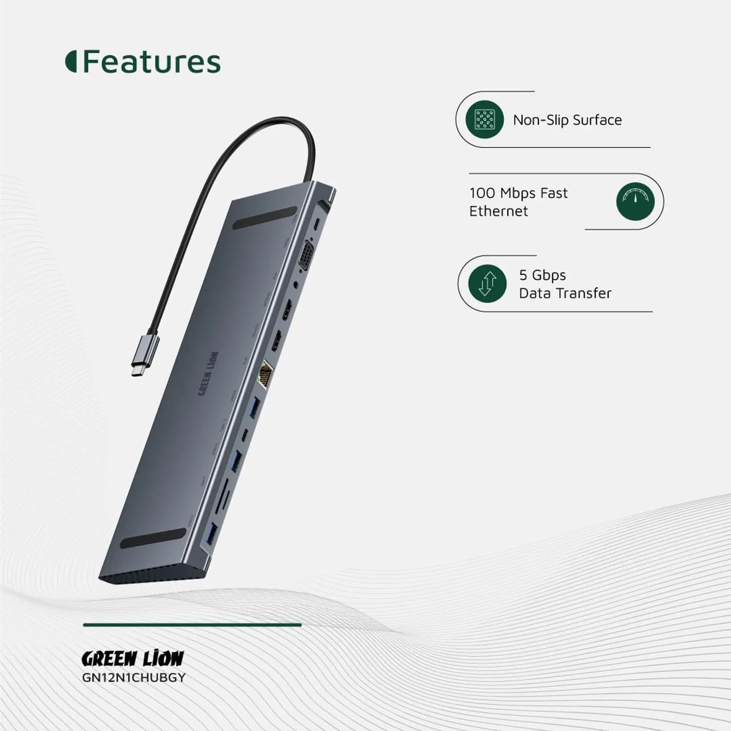 Green Lion USB-C Hub - 12-in-1, 4K HDMI, Ethernet, Gray 3