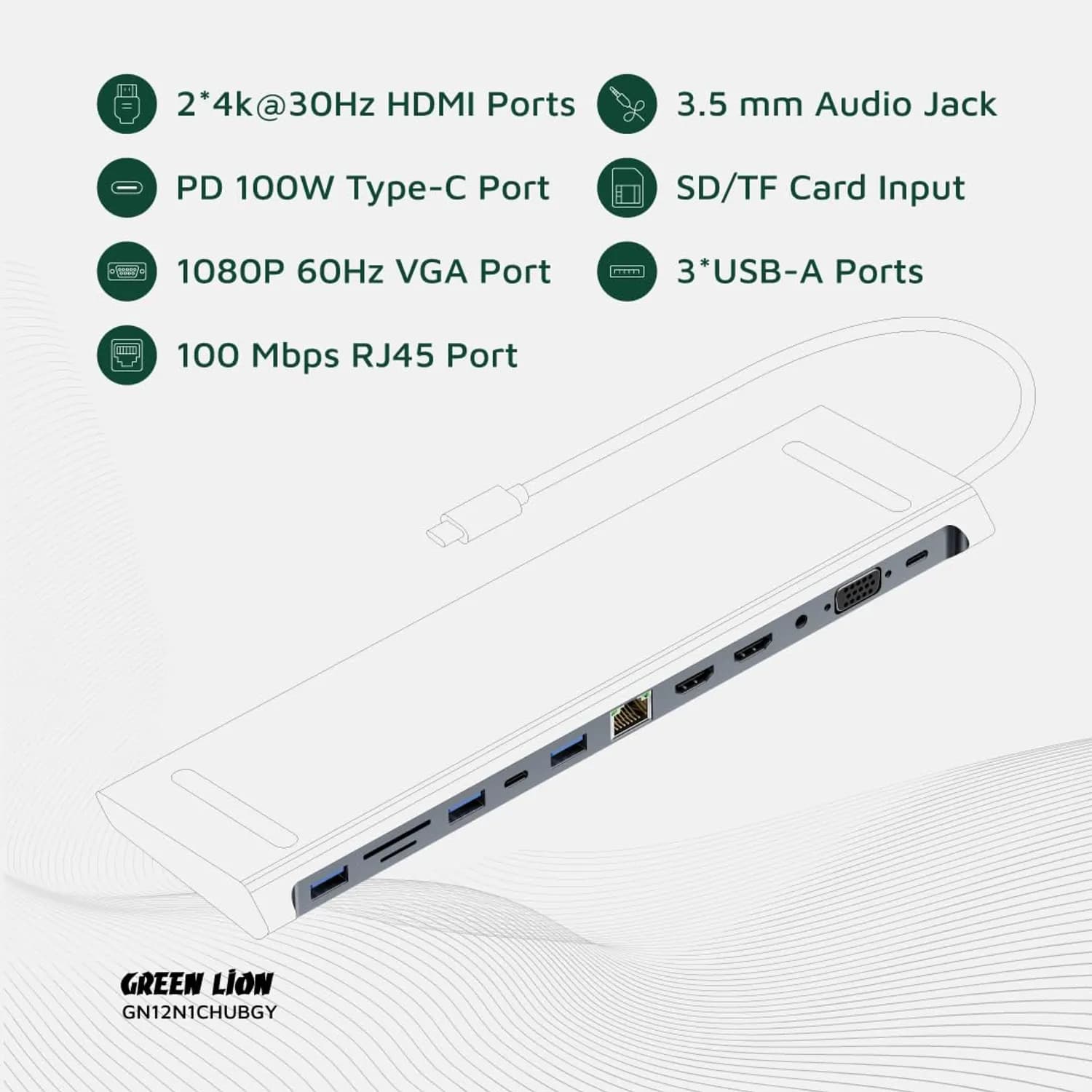 Green Lion USB-C Hub - 12-in-1, 4K HDMI, Ethernet, Gray 4