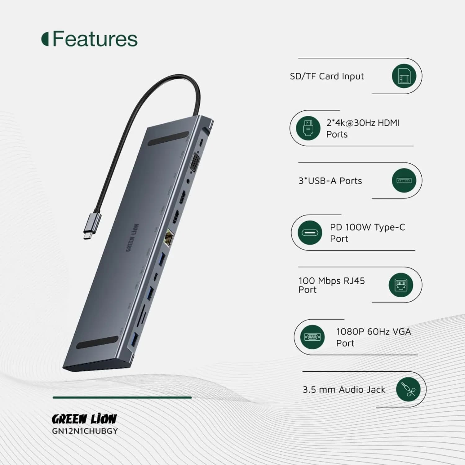 Green Lion USB-C Hub - 12-in-1, 4K HDMI, Ethernet, Gray 5