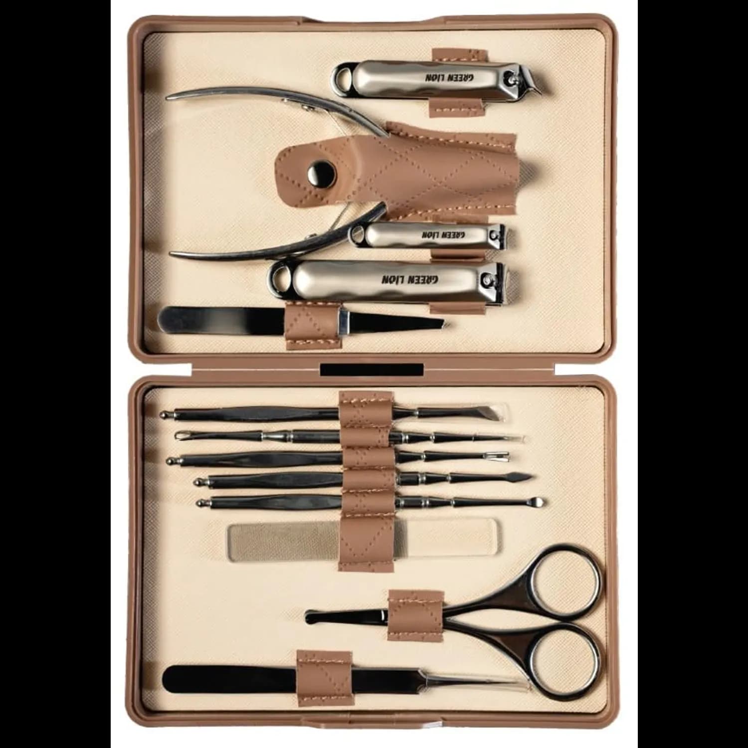Green Lion Manicure Set - 13-in-1, Stainless Steel, Leather Case 1 Green Lion Manicure Set - 13-in-1, Stainless Steel, Leather Case 1