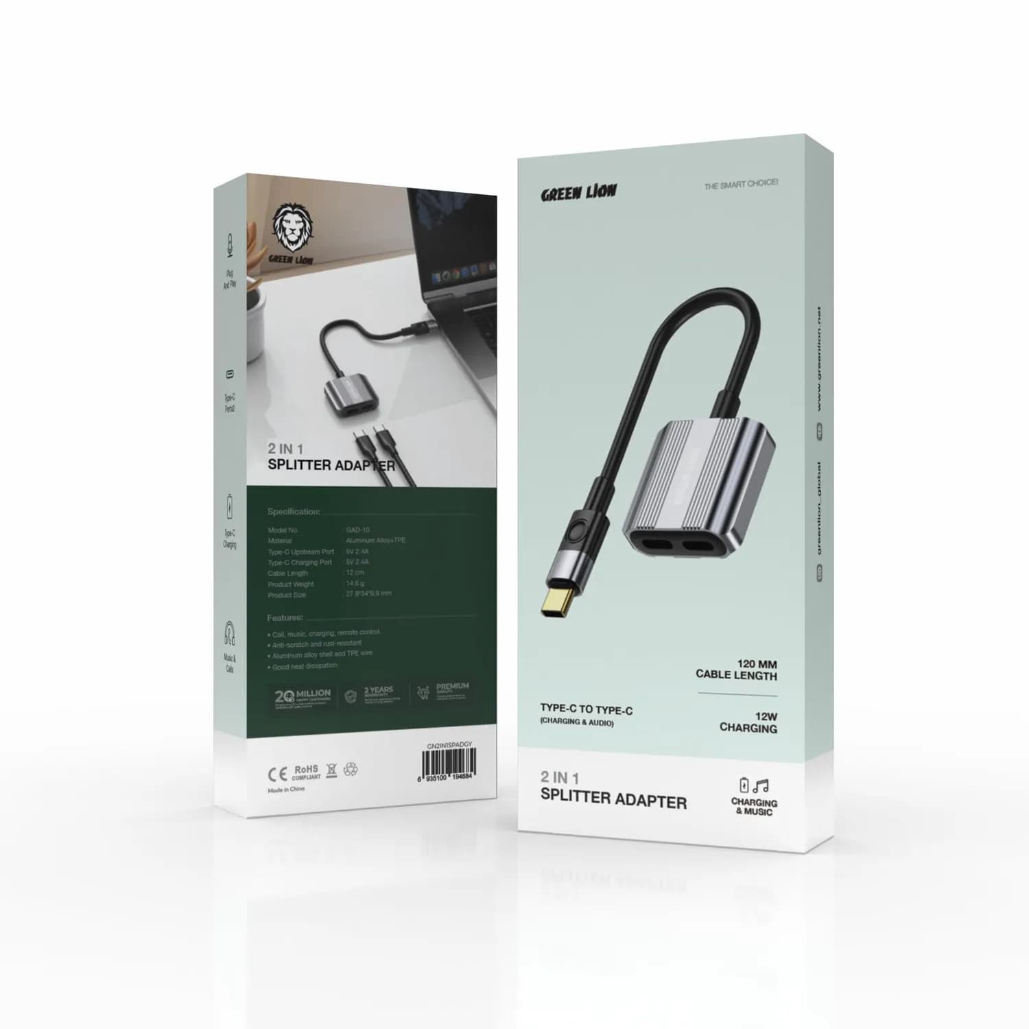 Green Lion 2-in-1 Type-C to Type-C & AUX Splitter Adapter - 12W Charging, Gray 2