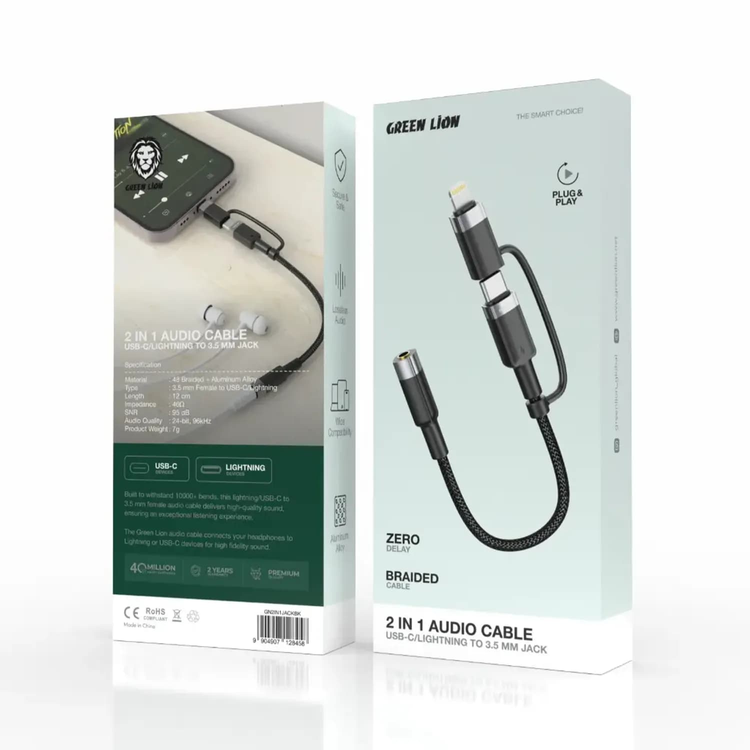 Green Lion Audio Cable - 2-in-1 USB-C & Lightning to 3.5mm, 12cm 3
