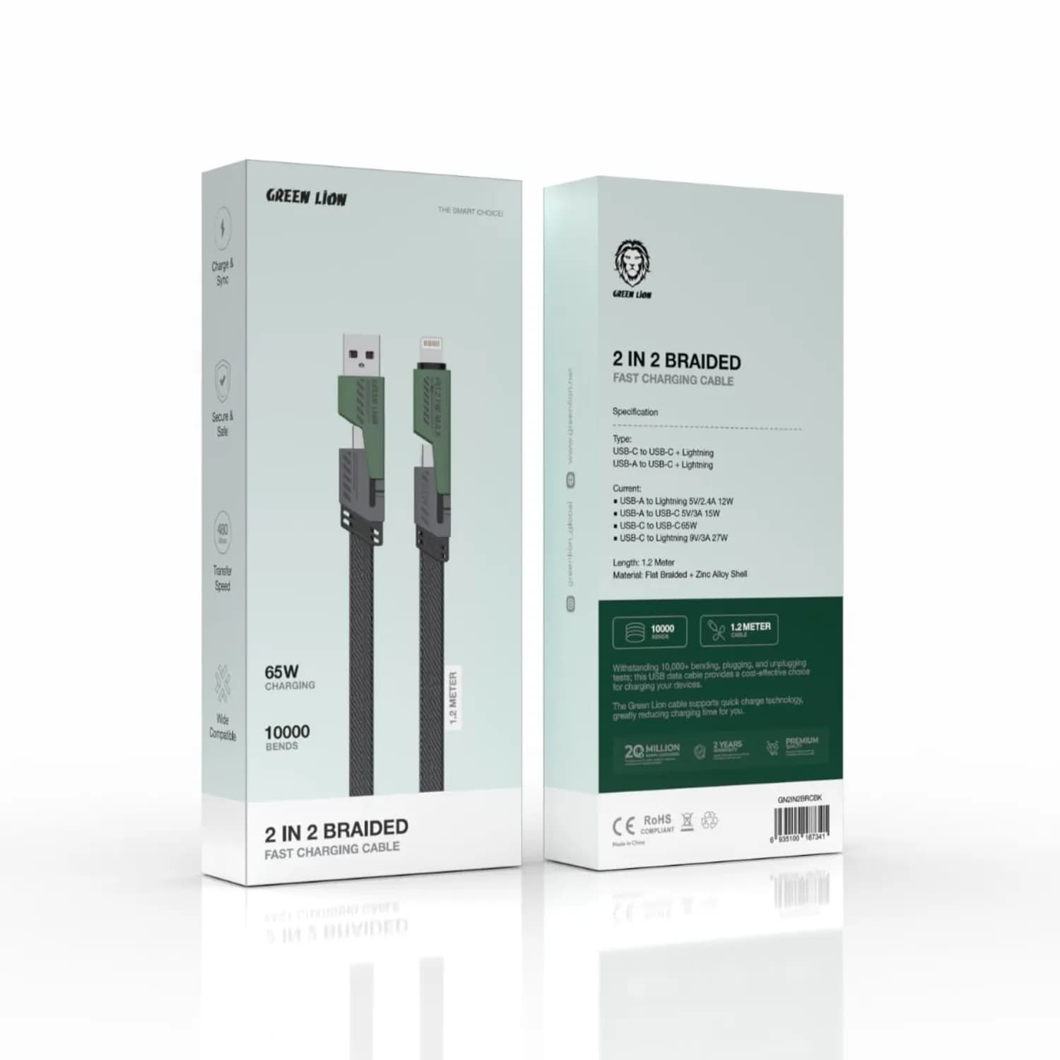 Green Lion Braided USB Cable - 65W Fast Charge, Black 2
