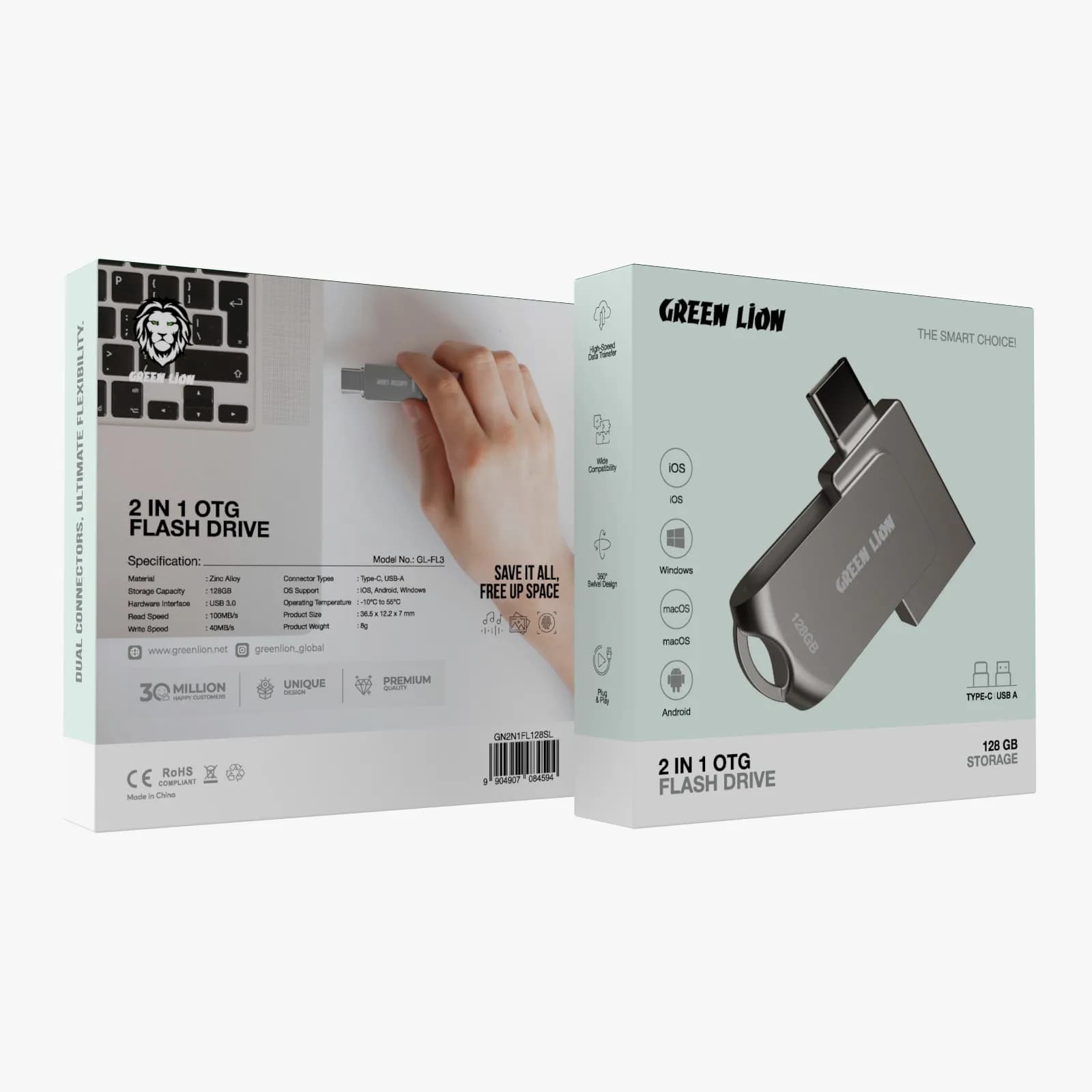 Green Lion USB-C Flash Drive GN2N1FL128SL - 128GB, 2-in-1 Silver
