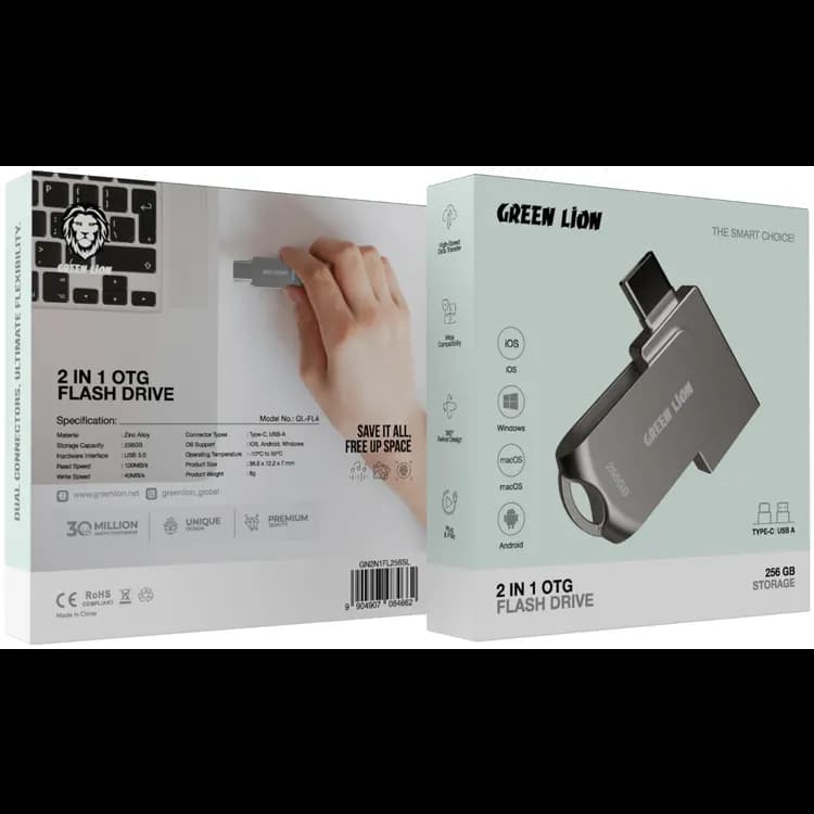 Green Lion USB Flash Drive - 256GB USB-C/USB-A, Silver 3