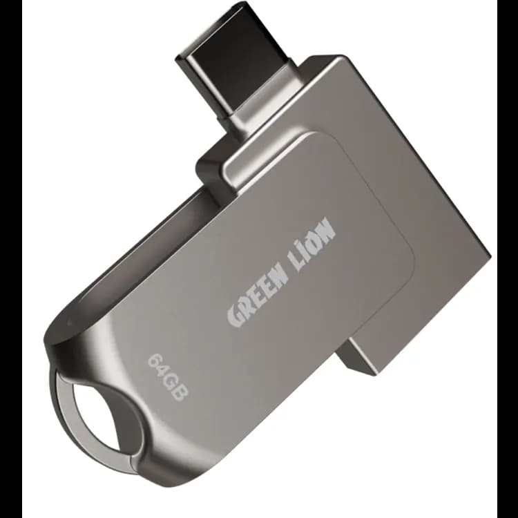 Green Lion USB Flash Drive - 64GB USB-C/USB-A, USB 3.0, Silver 1