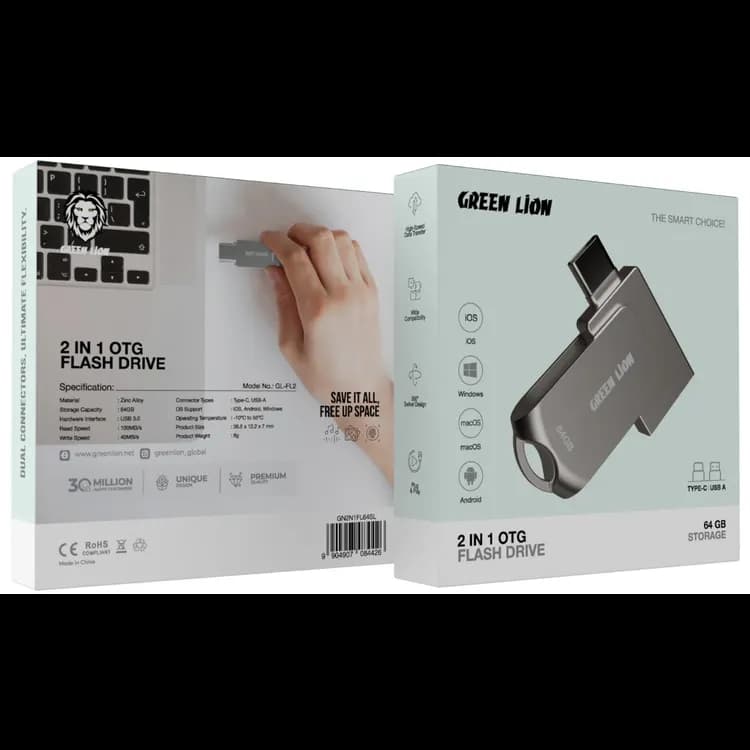 Green Lion USB Flash Drive - 64GB USB-C/USB-A, USB 3.0, Silver 3