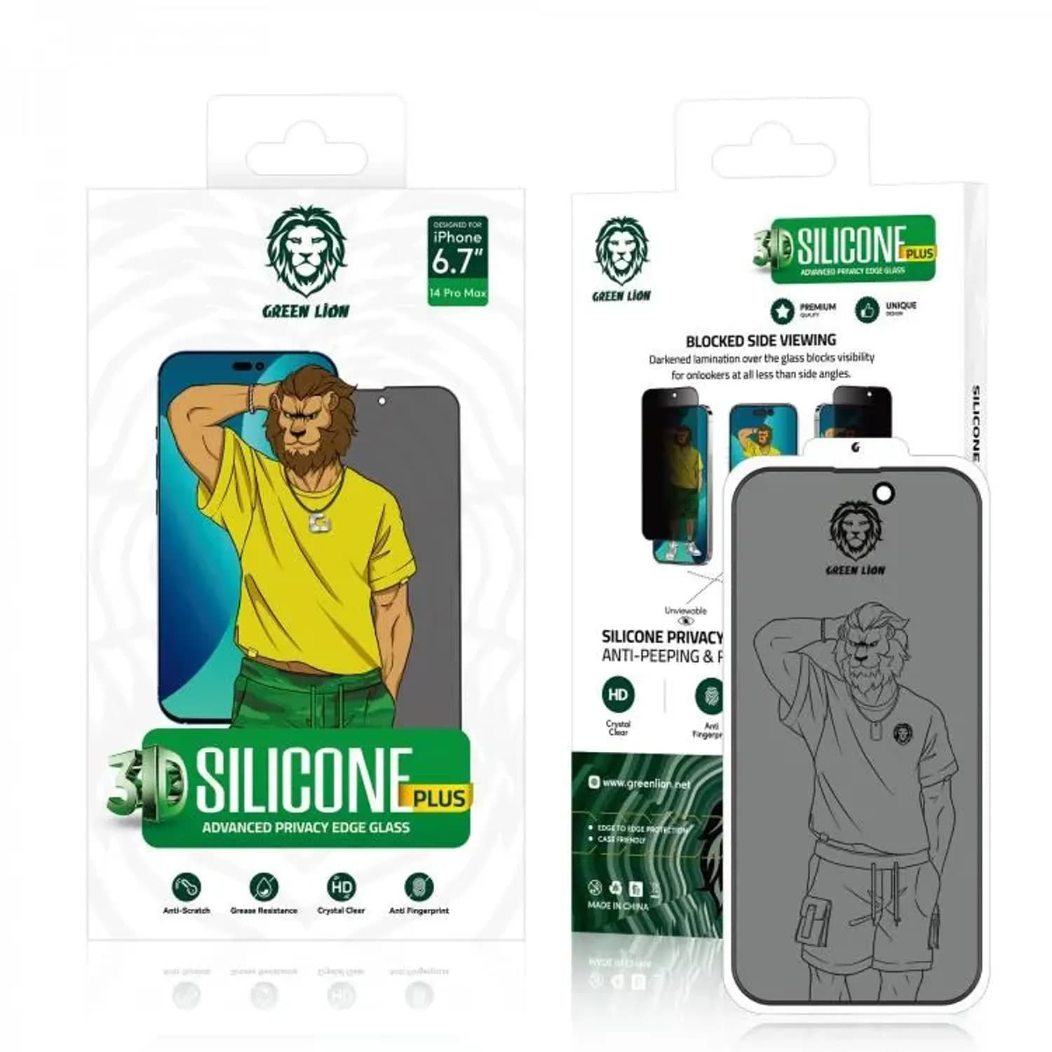 Green Lion Screen Protector iPhone 13 Pro Max / 14 Plus - 3D Silicone, 9H Tempered Glass, Privacy