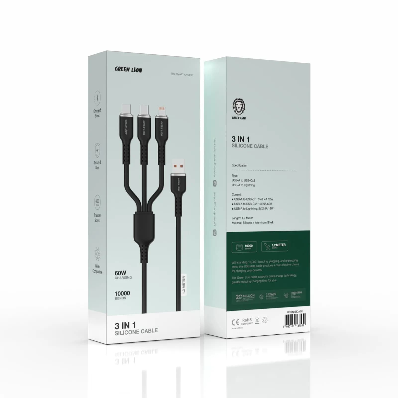 Green Lion 3in1 Silicone Cable - Black 2