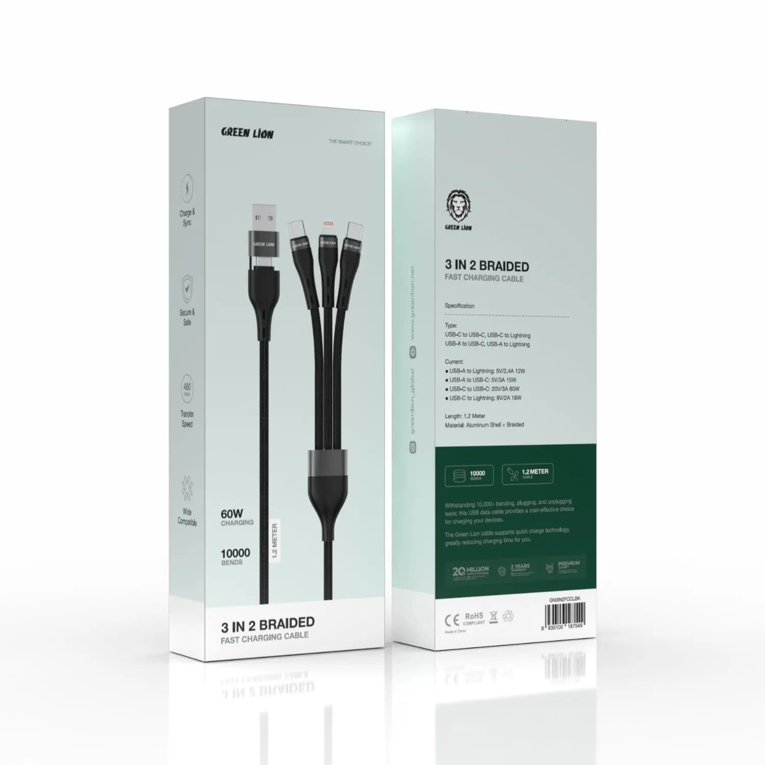 Green Lion 3in1 Silicone Cable - USB-A to Lightning & USB-C, 60W, Black 2