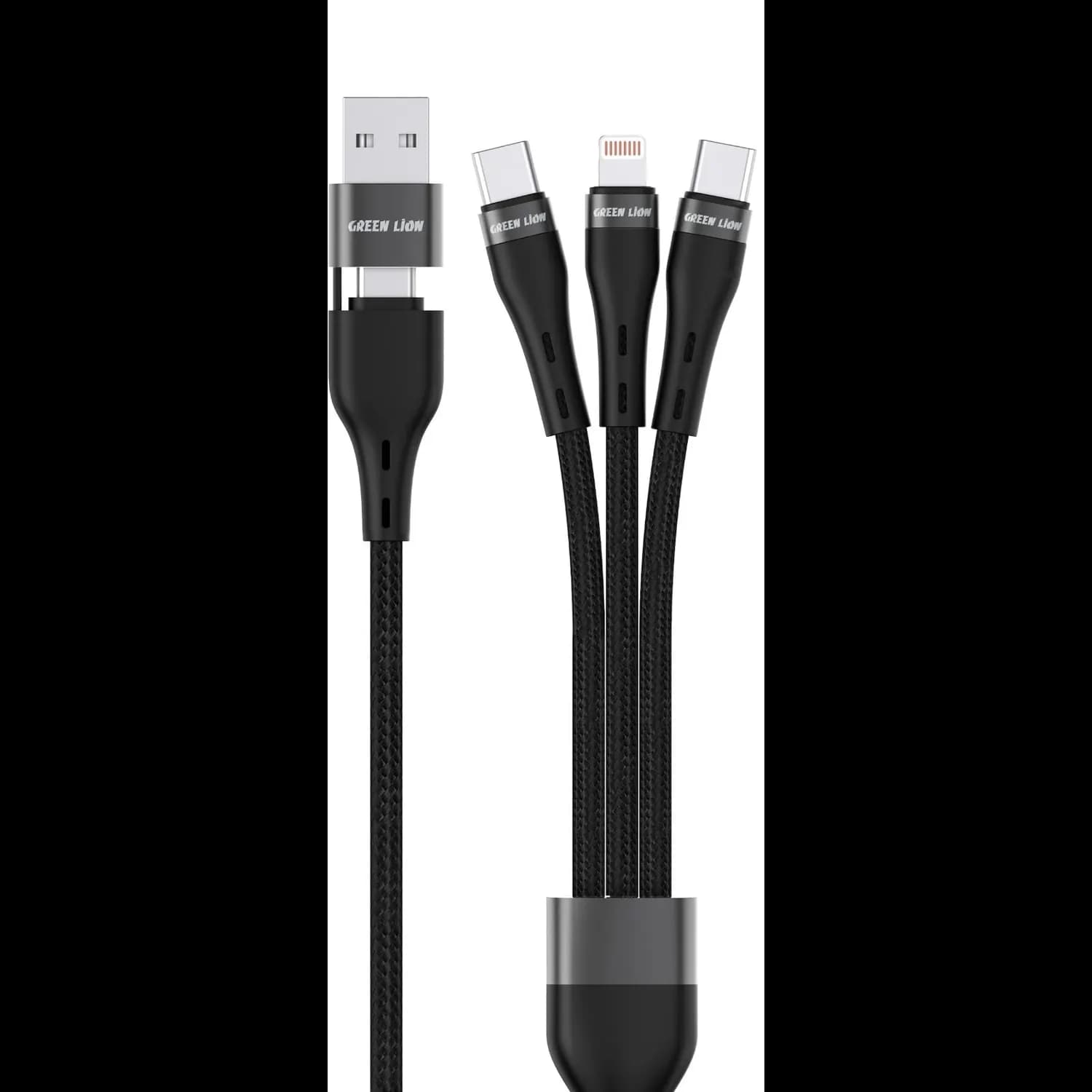 Green Lion 3in1 Silicone Cable - USB-A to Lightning & USB-C, 60W, Black 1
