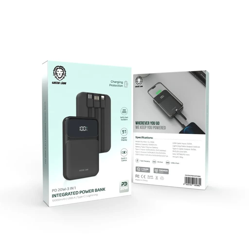 Green Lion 3-in-1 Power Bank - 10000mAh, PD 20W, Integrated Cables 2