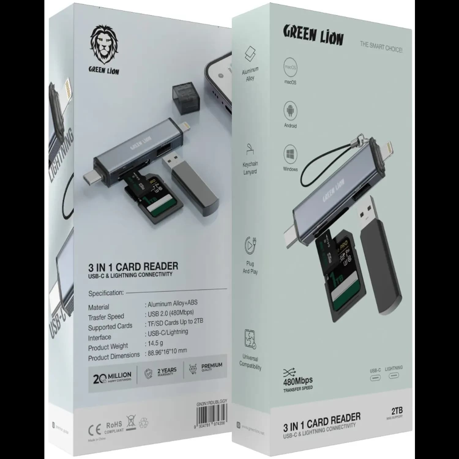 Green Lion 3-in-1 SD Card Reader - USB-C & Lightning, Grey 3