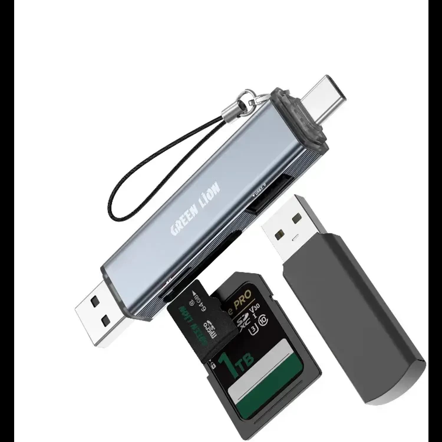 Green Lion Micro SD Card Reader - 3-in-1, USB-C & USB-A, Grey