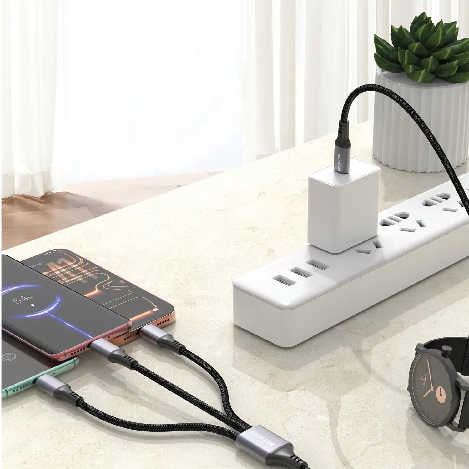 Green Lion 3-in-1 USB-A Cable 1m - Dual USB-C & Lightning, 27W, Black 2