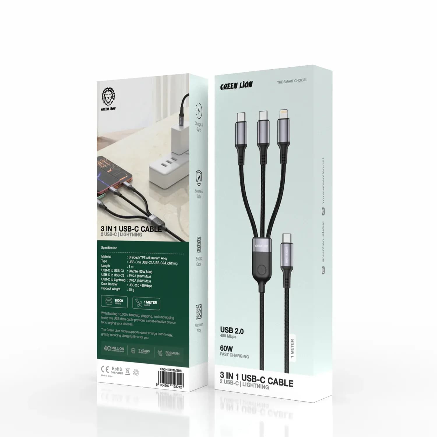 Green Lion 3-in-1 USB-A Cable 1m - Dual USB-C & Lightning, 27W, Black 3