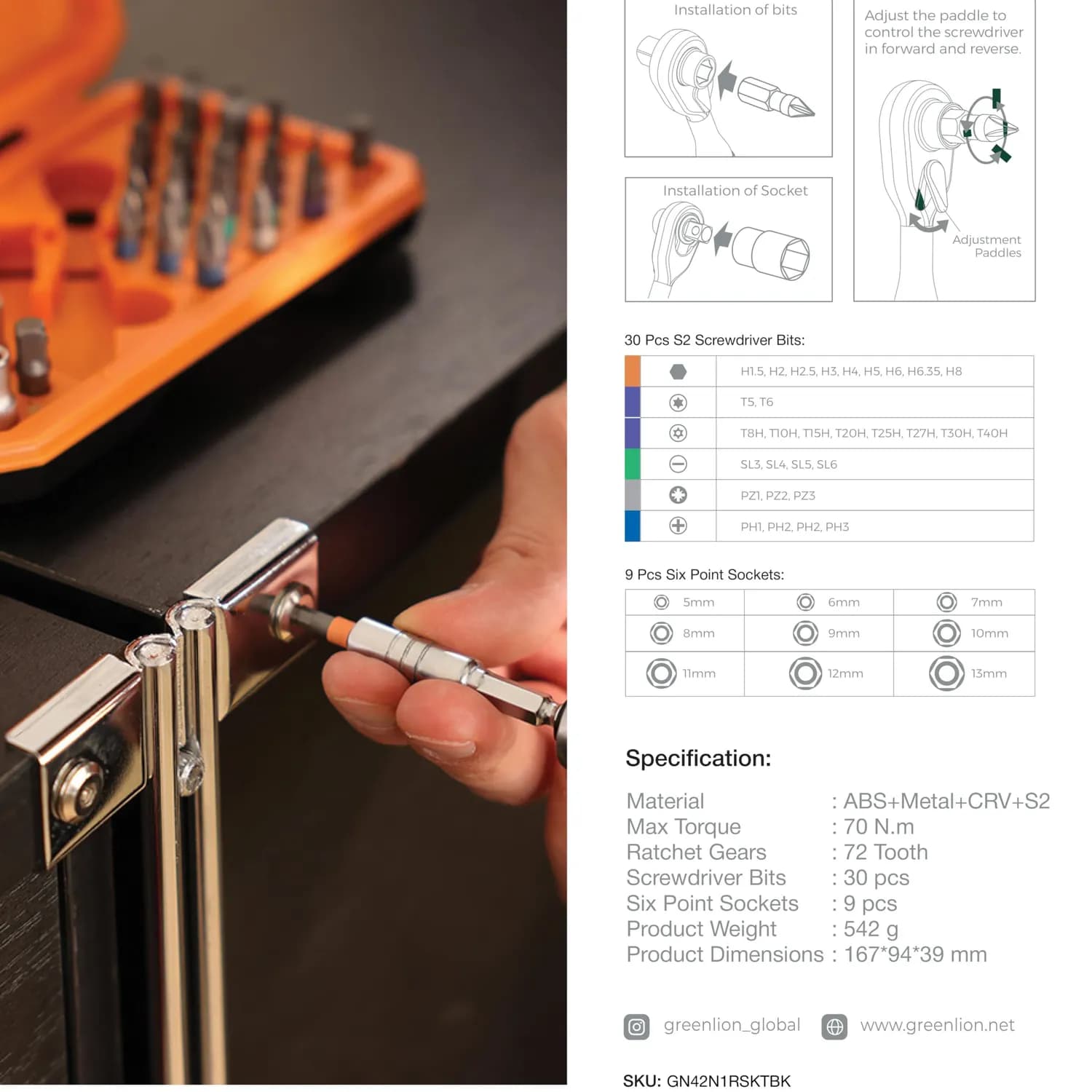 Green Lion Ratchet Socket Set - 42-In-1, 70Nm Torque, Black 5