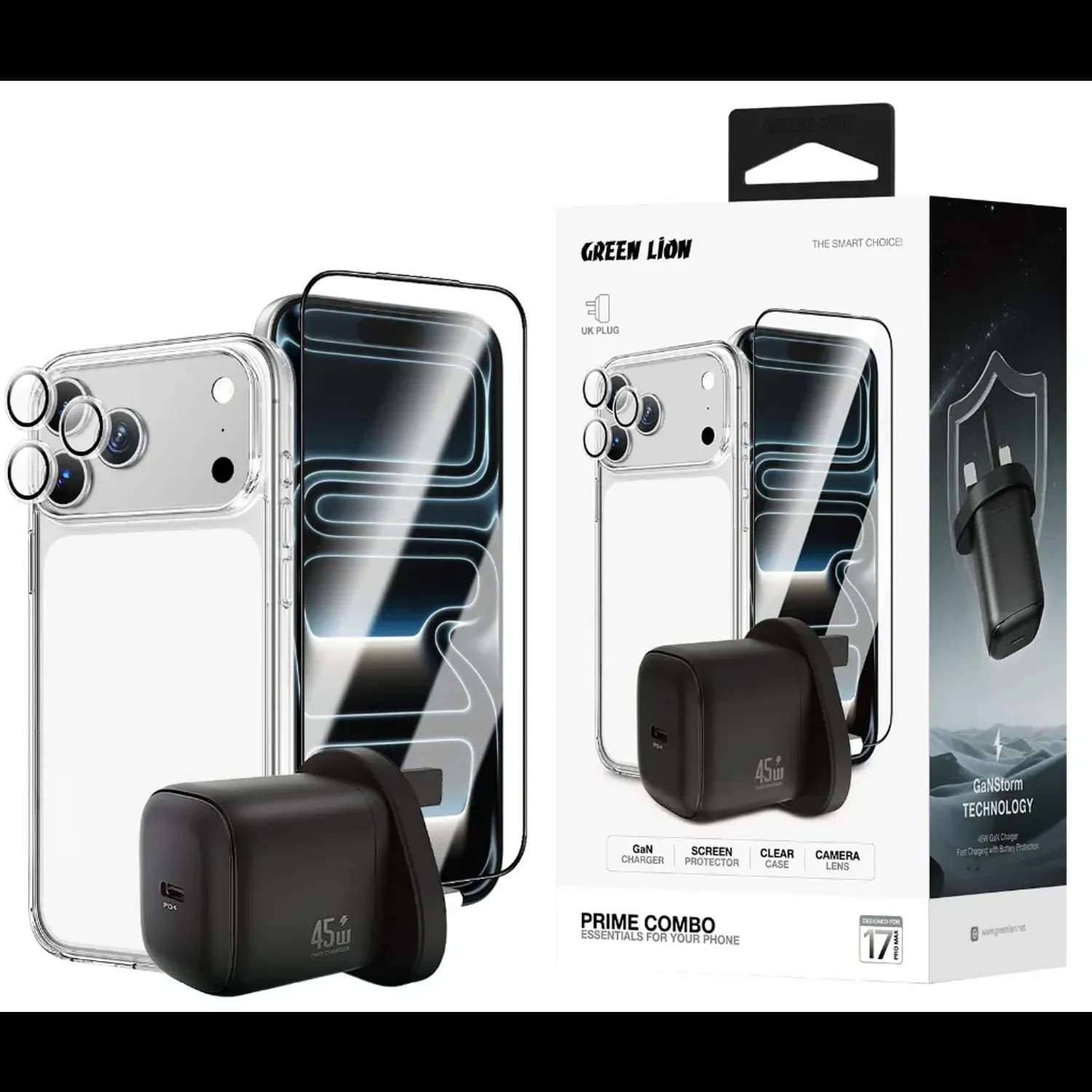 Green Lion 4-in-1 Combo for iPhone 17 Pro Max - 45W GaN Charger, Clear Case 1