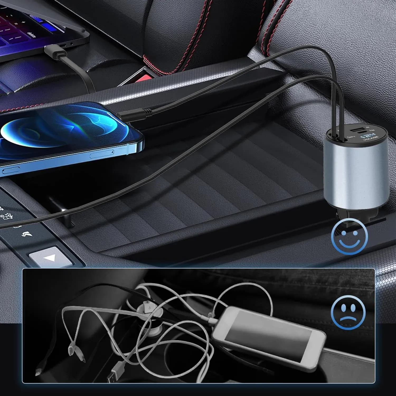 Green Lion Car Charger - 50W Retractable Cable, Digital Display 3