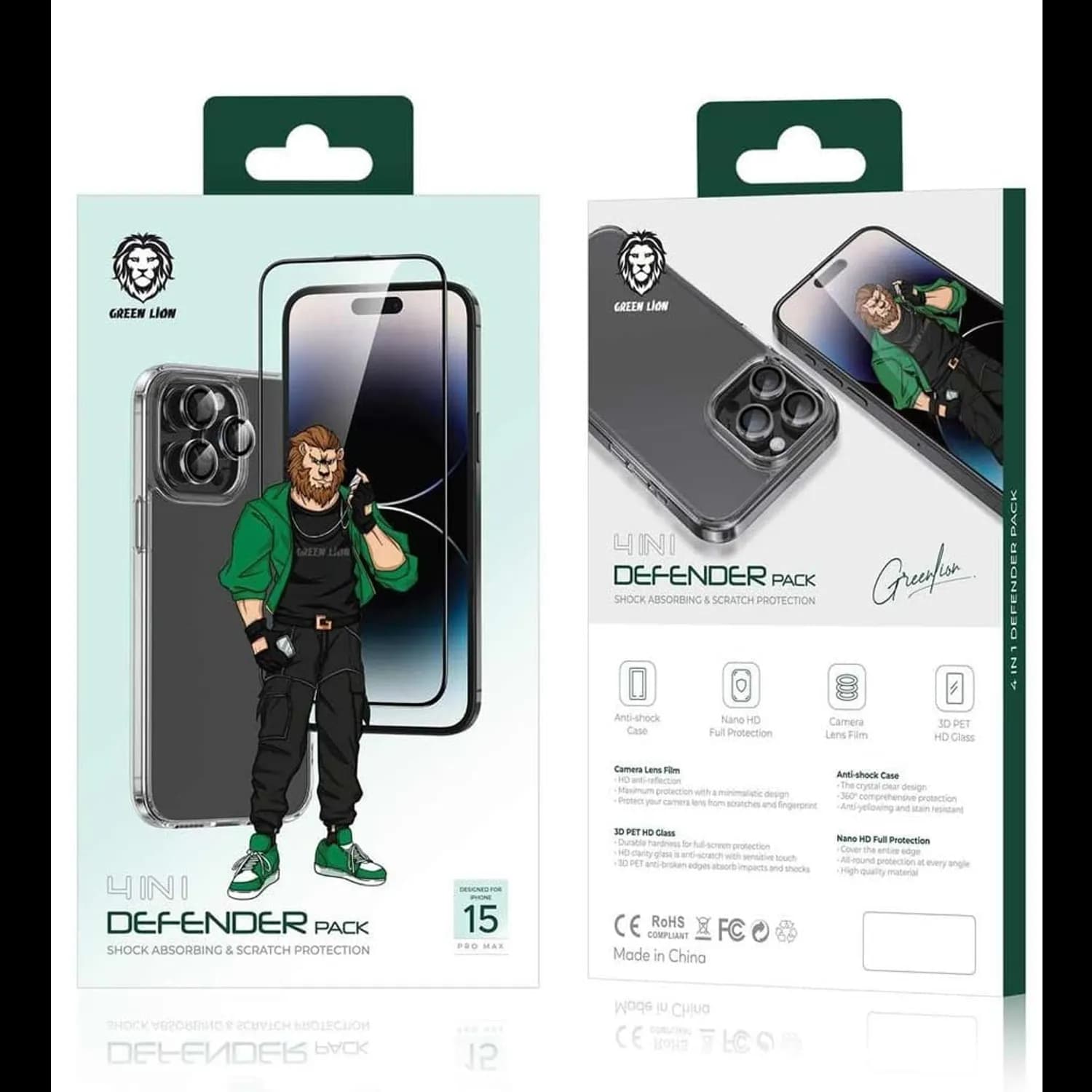 Green Lion Defender Pack iPhone 15 Pro - 4-in-1 Anti-Shock, Transparent 1