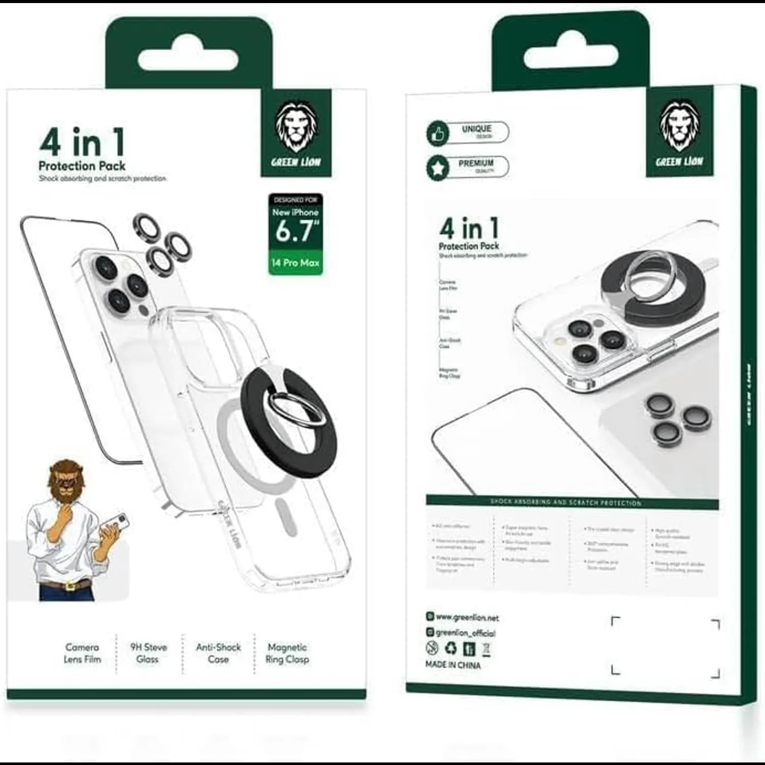 Green Lion Defender Pack iPhone 15 Pro/Pro Max - Anti-Shock Case, Nano HD, Titanium 3