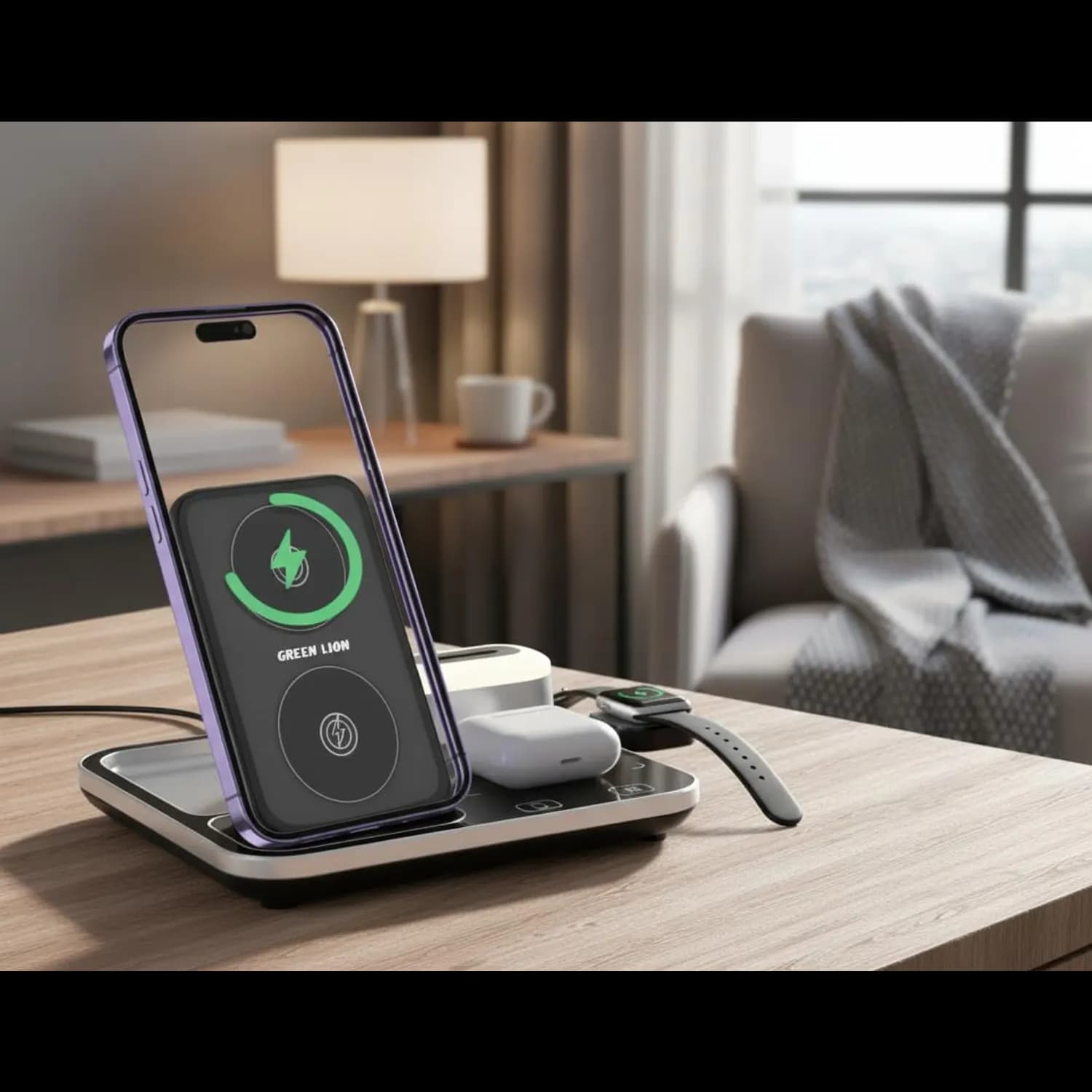 Green Lion Wireless Charging Station - 15W, Digital Clock, Gray 3