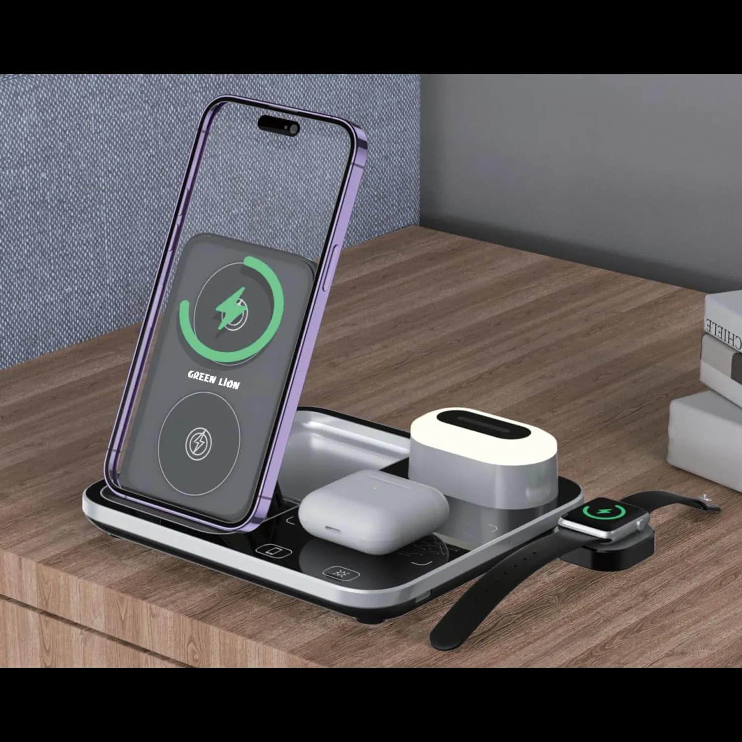 Green Lion Wireless Charging Station - 15W, Digital Clock, Gray 5