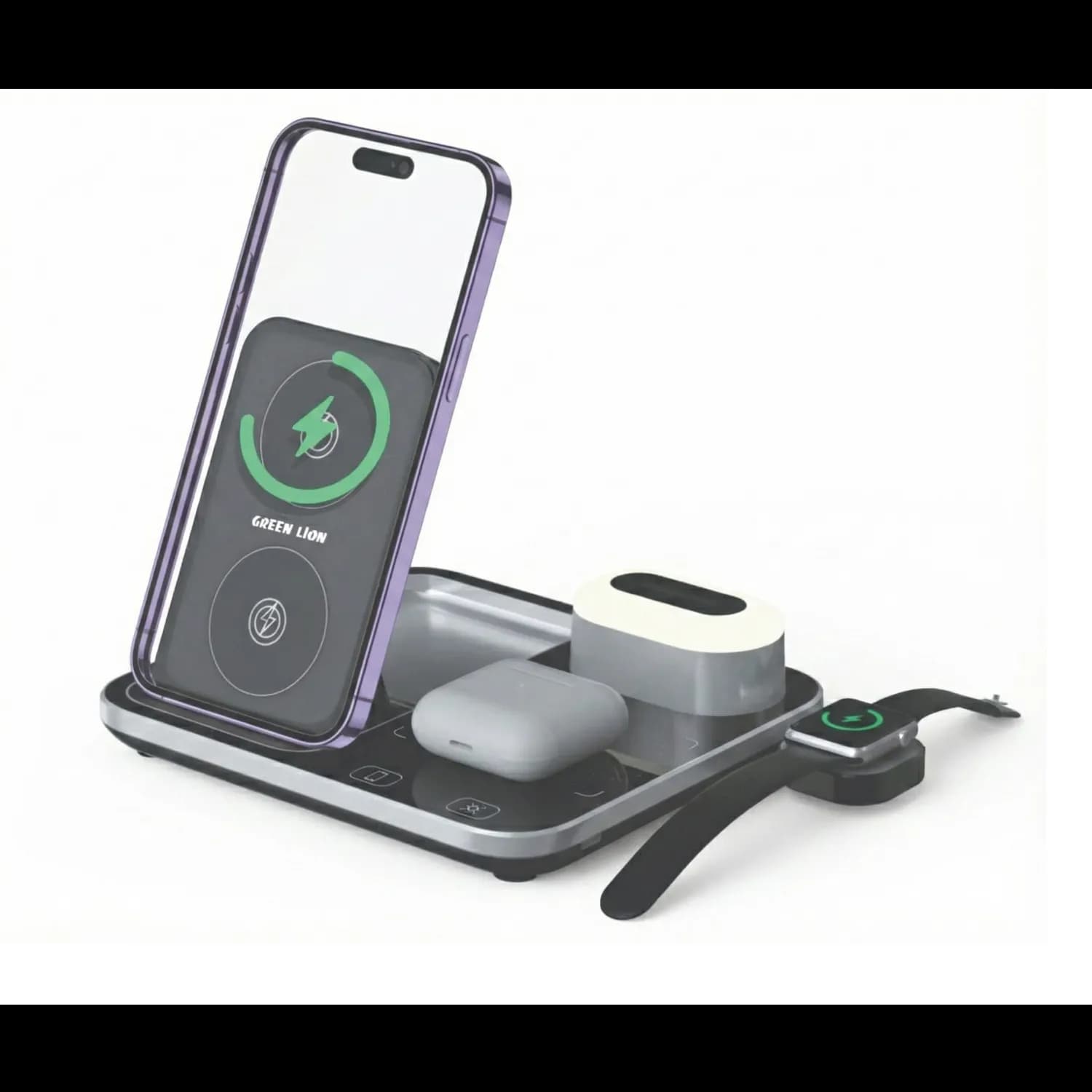 Green Lion Wireless Charging Station - 15W, Digital Clock, Gray 1