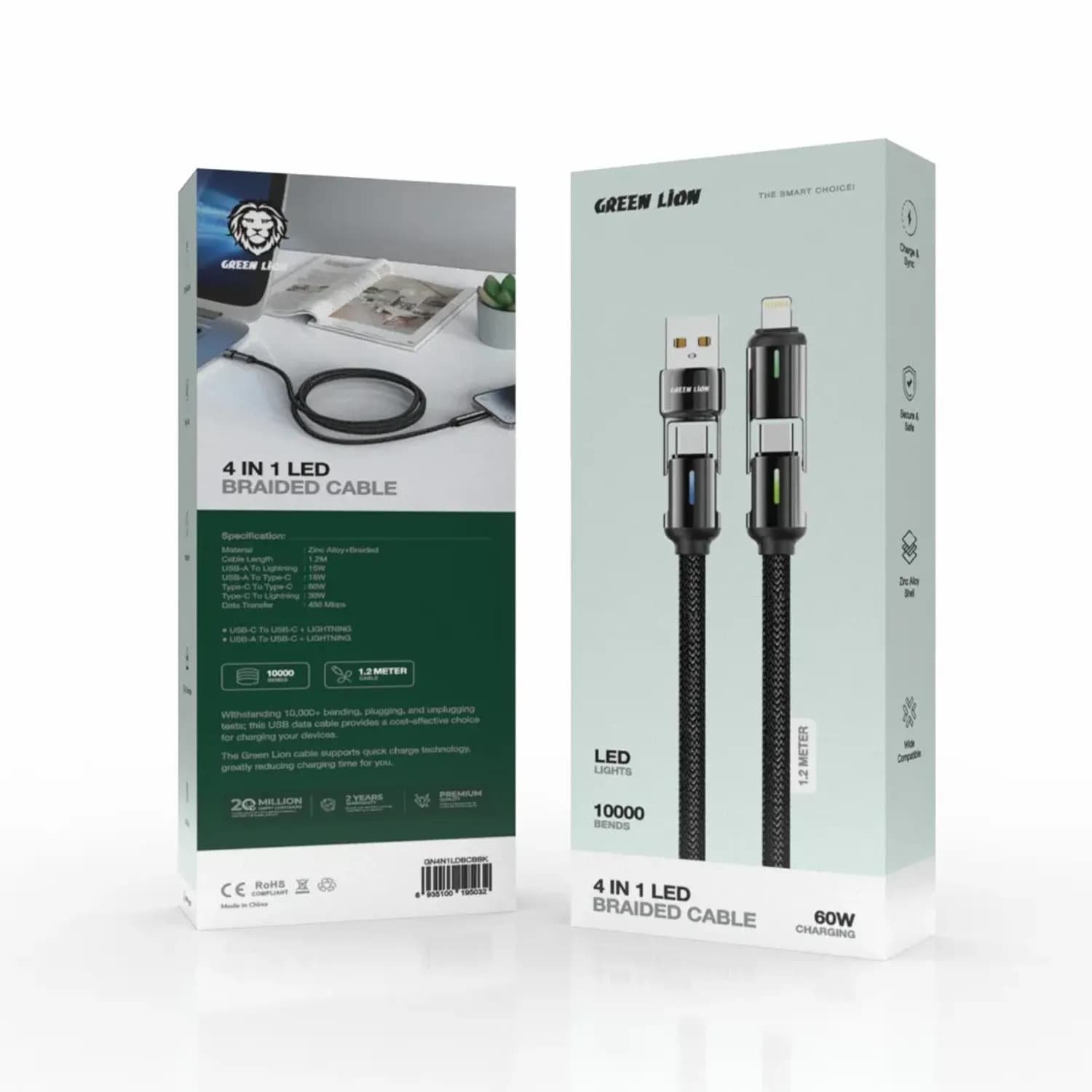 Green Lion 4-in-1 LED Braided Cable - 60W Fast Charging, Black 3