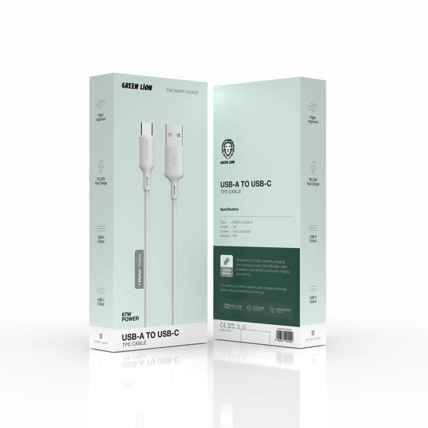 Green Lion USB-A to USB-C Cable - 67W Fast Charging, 1m, White 2