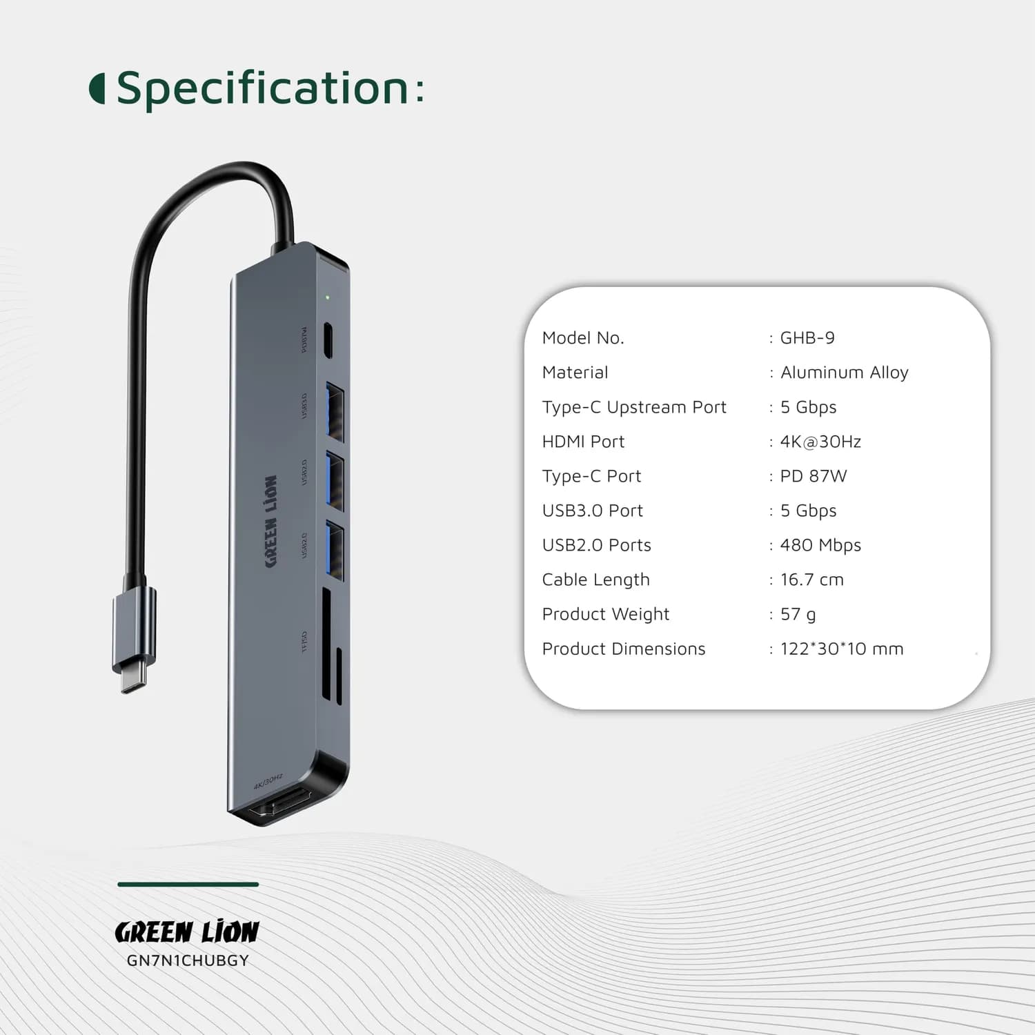 Green Lion USB-C Hub - 7-in-1, 87W PD, 4K HDMI, Gray 3
