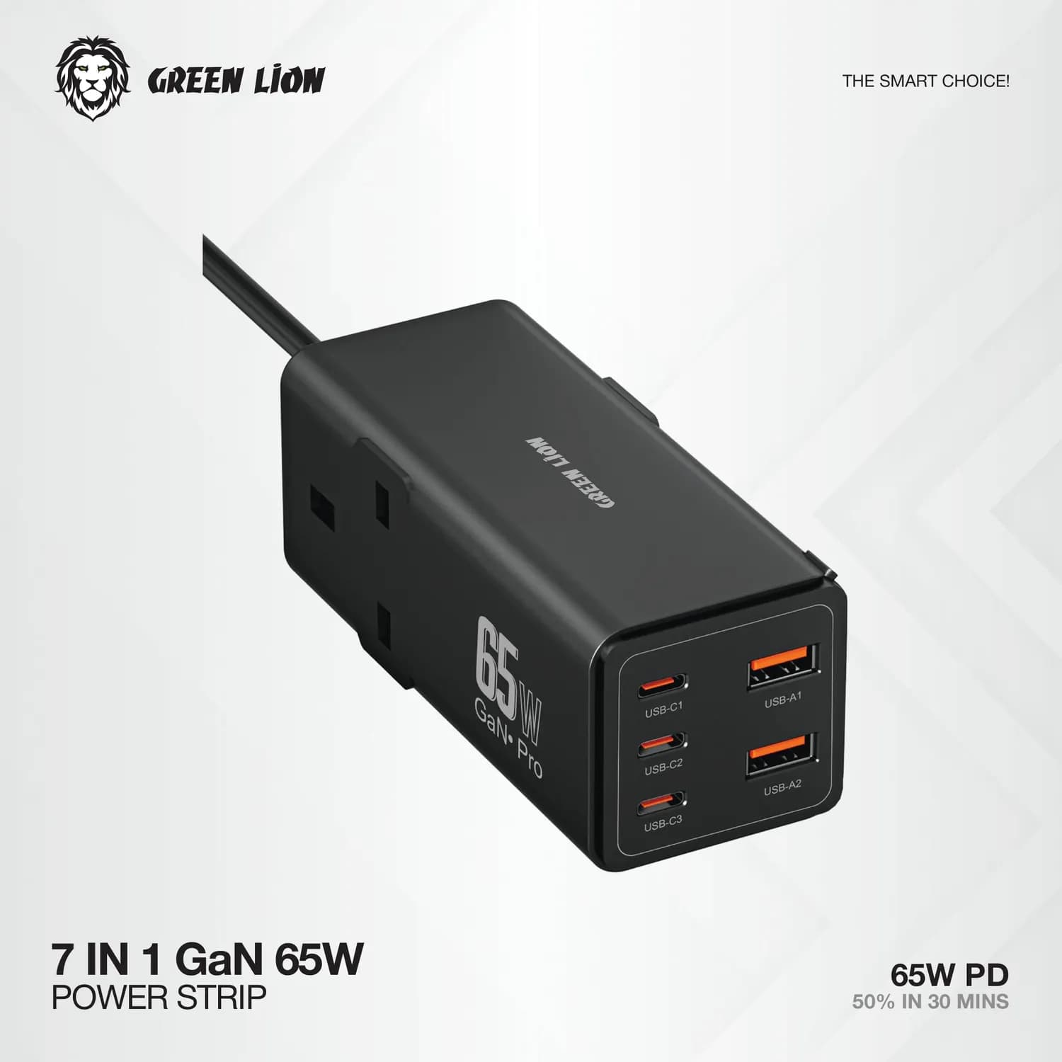 Green Lion Power Strip - 7 Outlets 65W GaN, Black 3