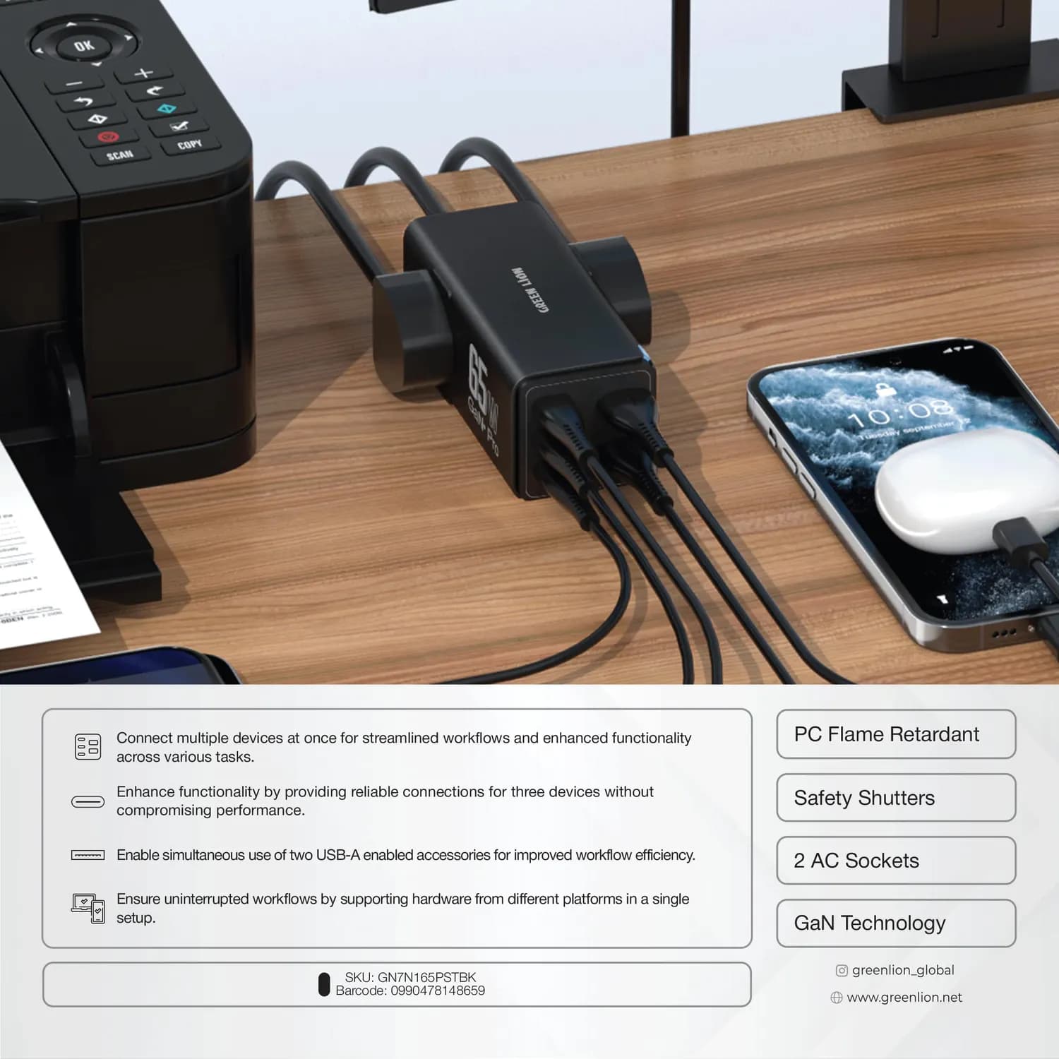Green Lion Power Strip - 7 Outlets 65W GaN, Black 4