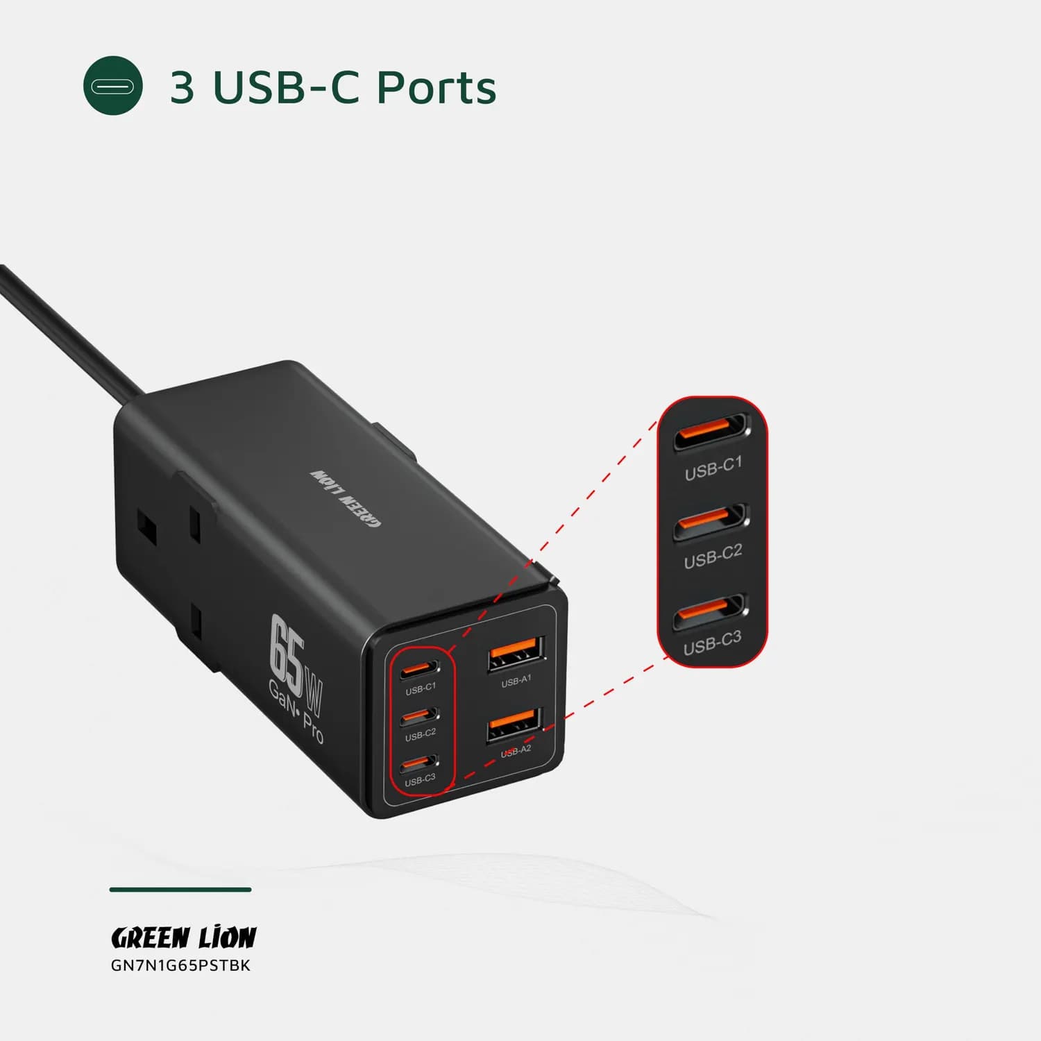 Green Lion Power Strip - 7 Outlets 65W GaN, Black 5