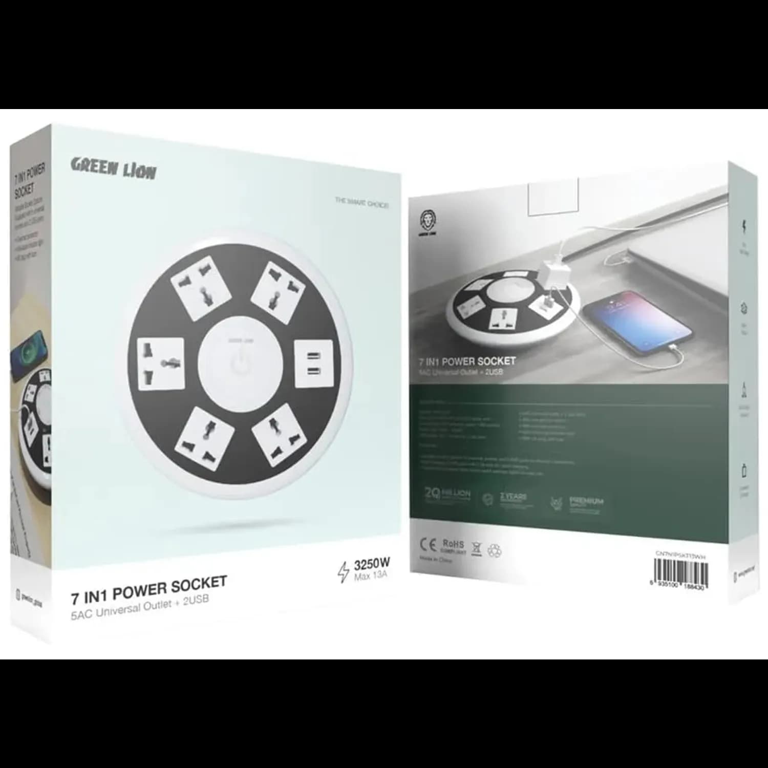 Green Lion Power Socket - 7 Outlets, 2 USB, 3250W, White 5