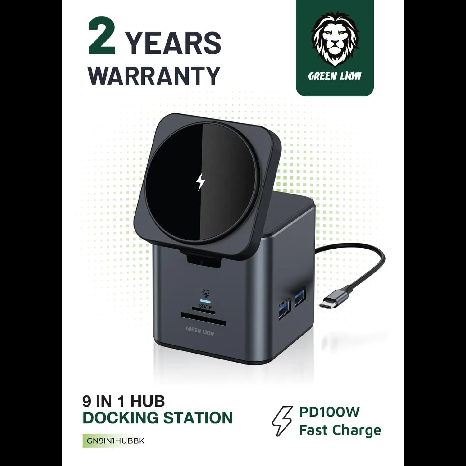 Green Lion Docking Station - 9-in-1, 100W PD, Wireless Charging, Black 2
