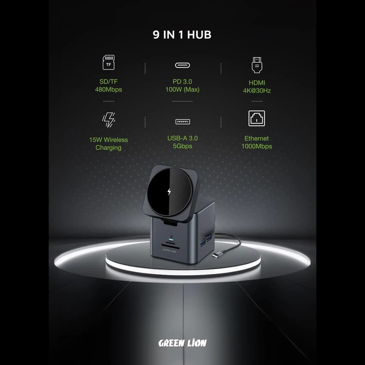Green Lion Docking Station - 9-in-1, 100W PD, Wireless Charging, Black 3