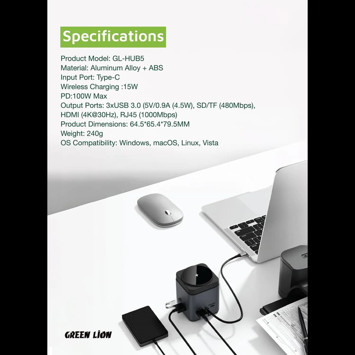 Green Lion Docking Station - 9-in-1, 100W PD, Wireless Charging, Black 4