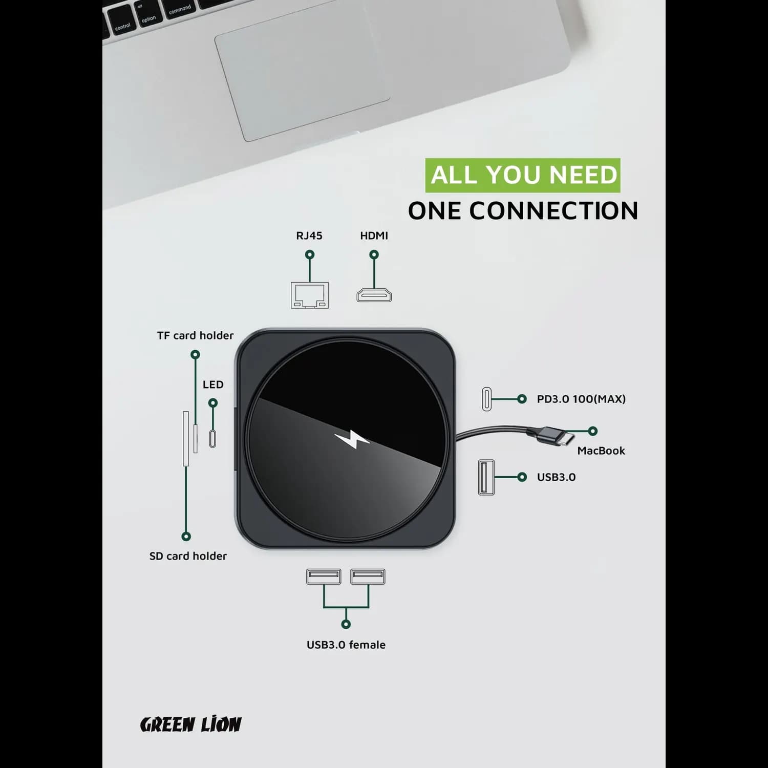 Green Lion Docking Station - 9-in-1, 100W PD, Wireless Charging, Black 5
