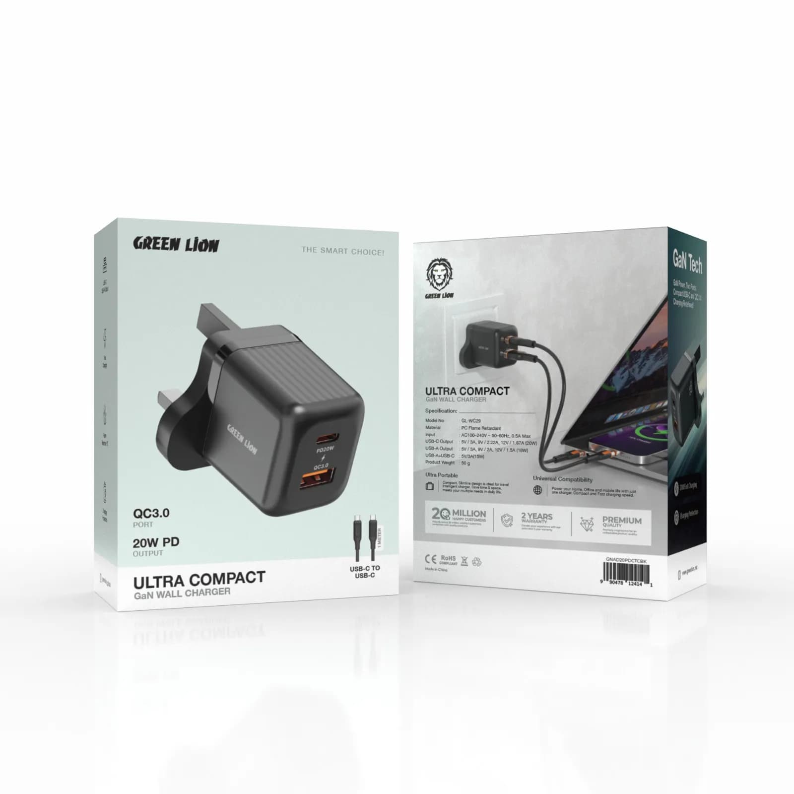 Green Lion Wall Charger GNA20PDQCTCBK - 20W PD + QC3.0, Black 3