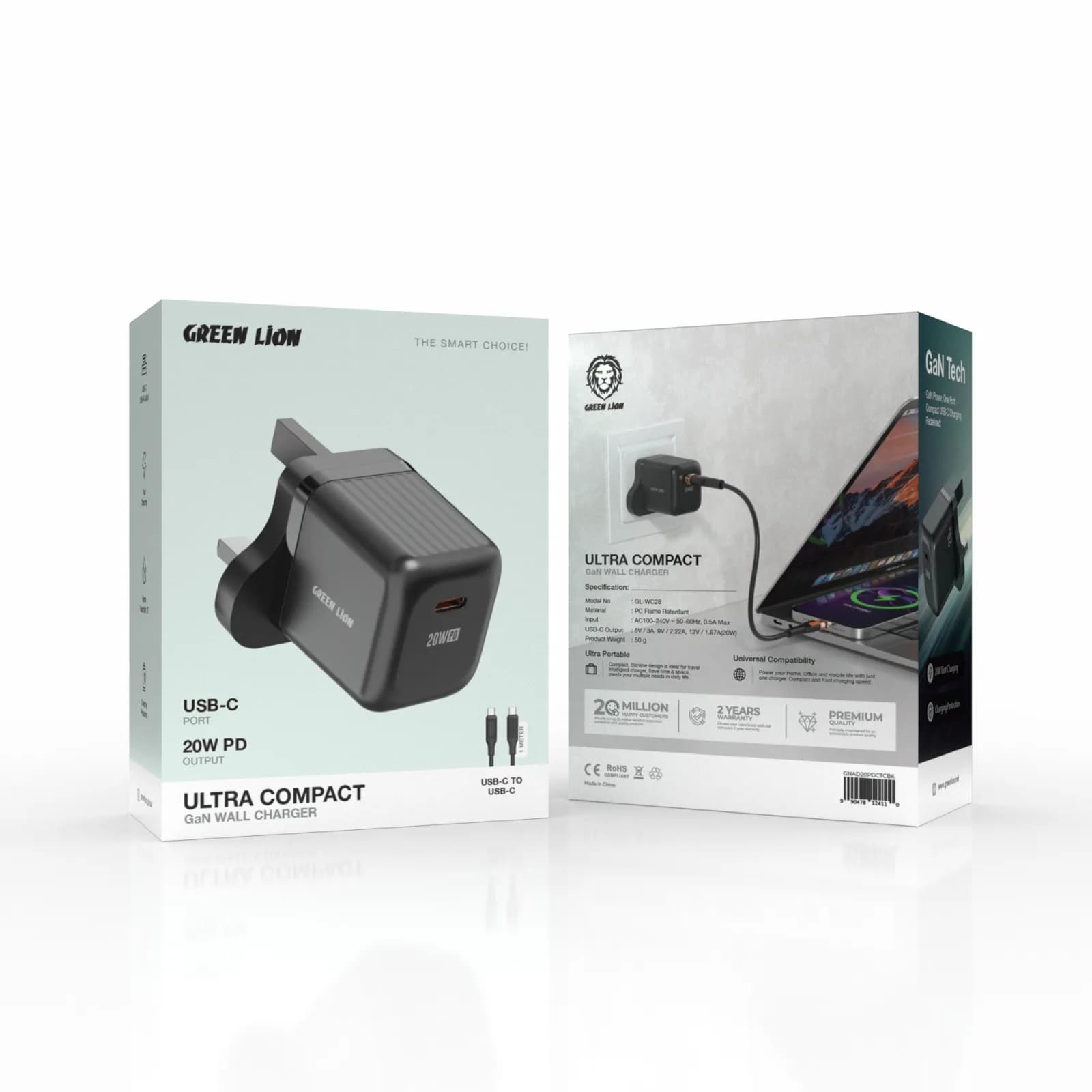 Green Lion GaN Wall Charger GNAD20PDCTCBK - 20W PD USB-C, Black 2
