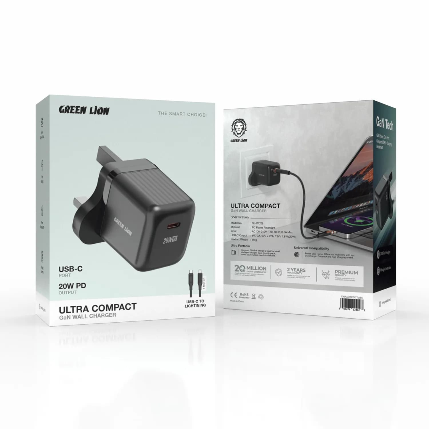 Green Lion Charger - 20W PD USB-C, GaN, Black 5