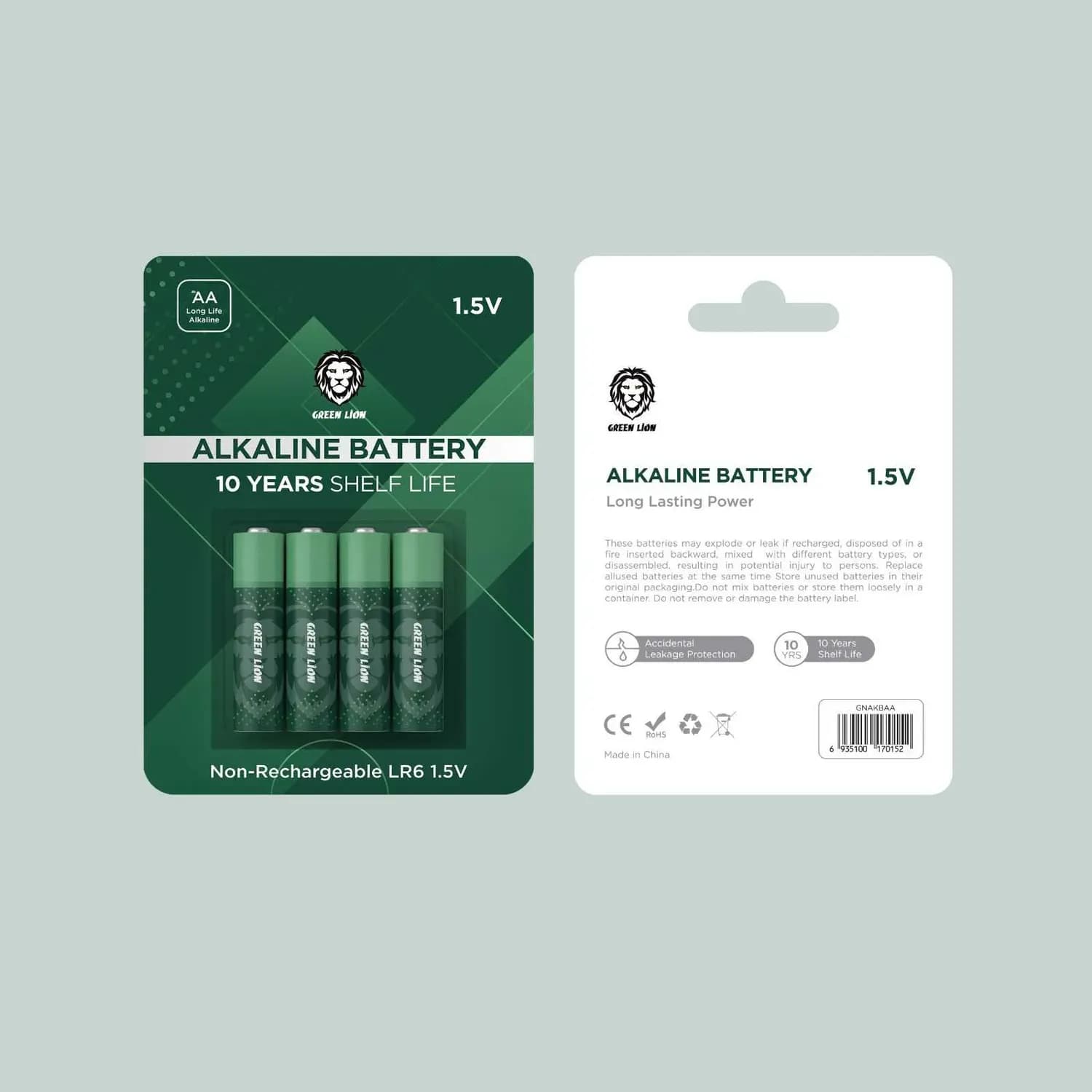 Green Lion AA Alkaline Battery - 10 Year Shelf Life, Green