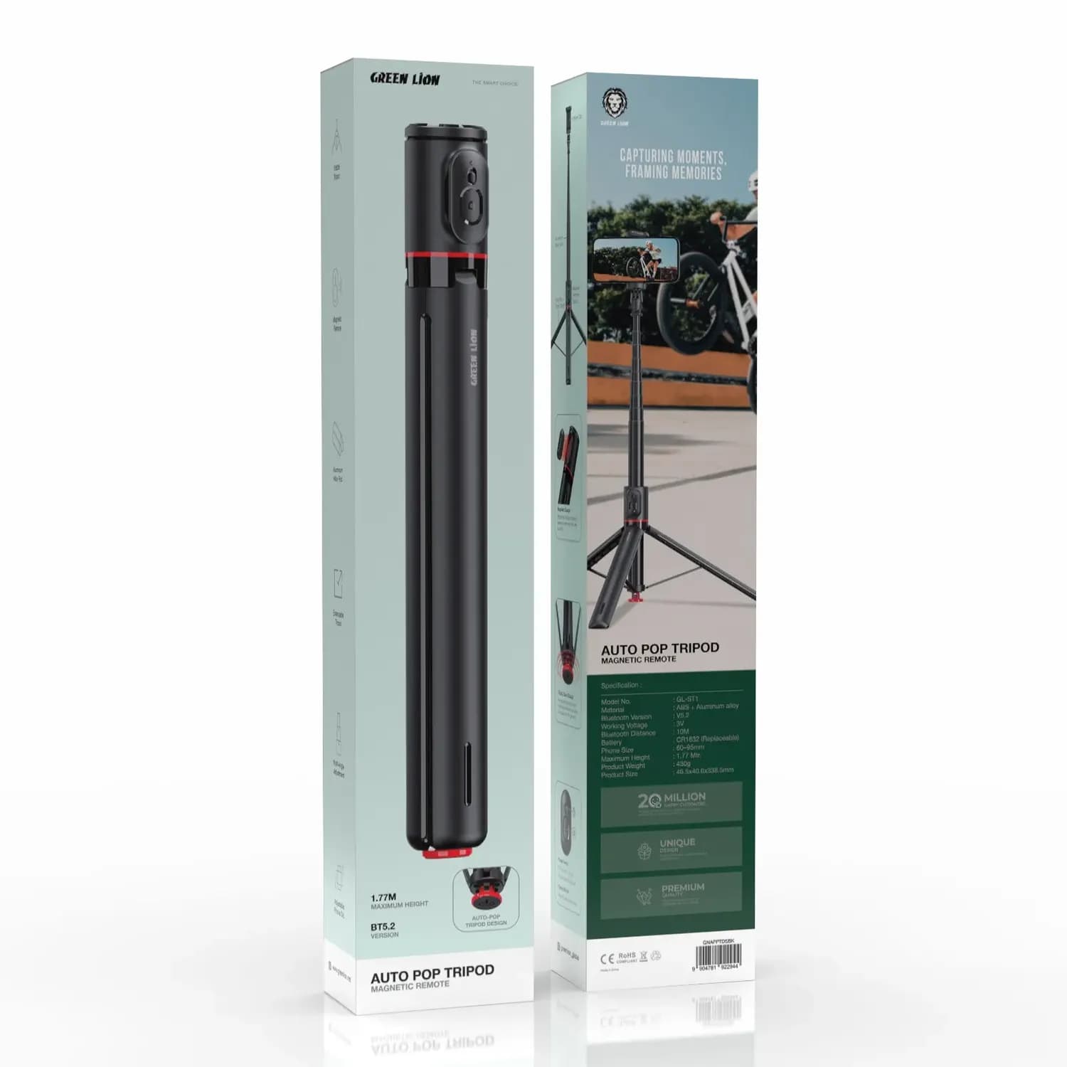 Green Lion Auto Pop Tripod - 1.77m Height, Bluetooth Remote, Black 2