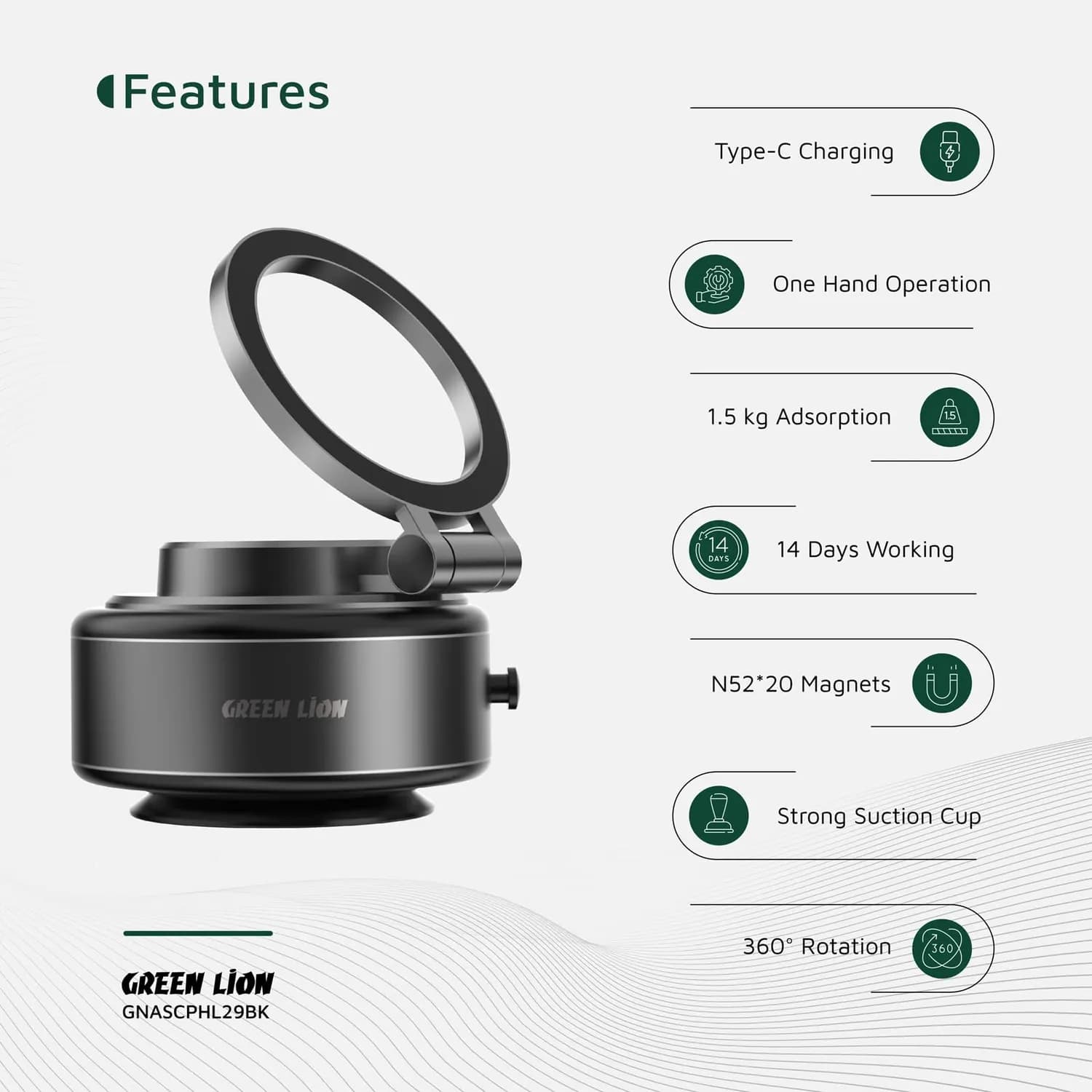 Green Lion Phone Holder GX-29 - Auto Suction, 360° Rotation, Matte Black 4